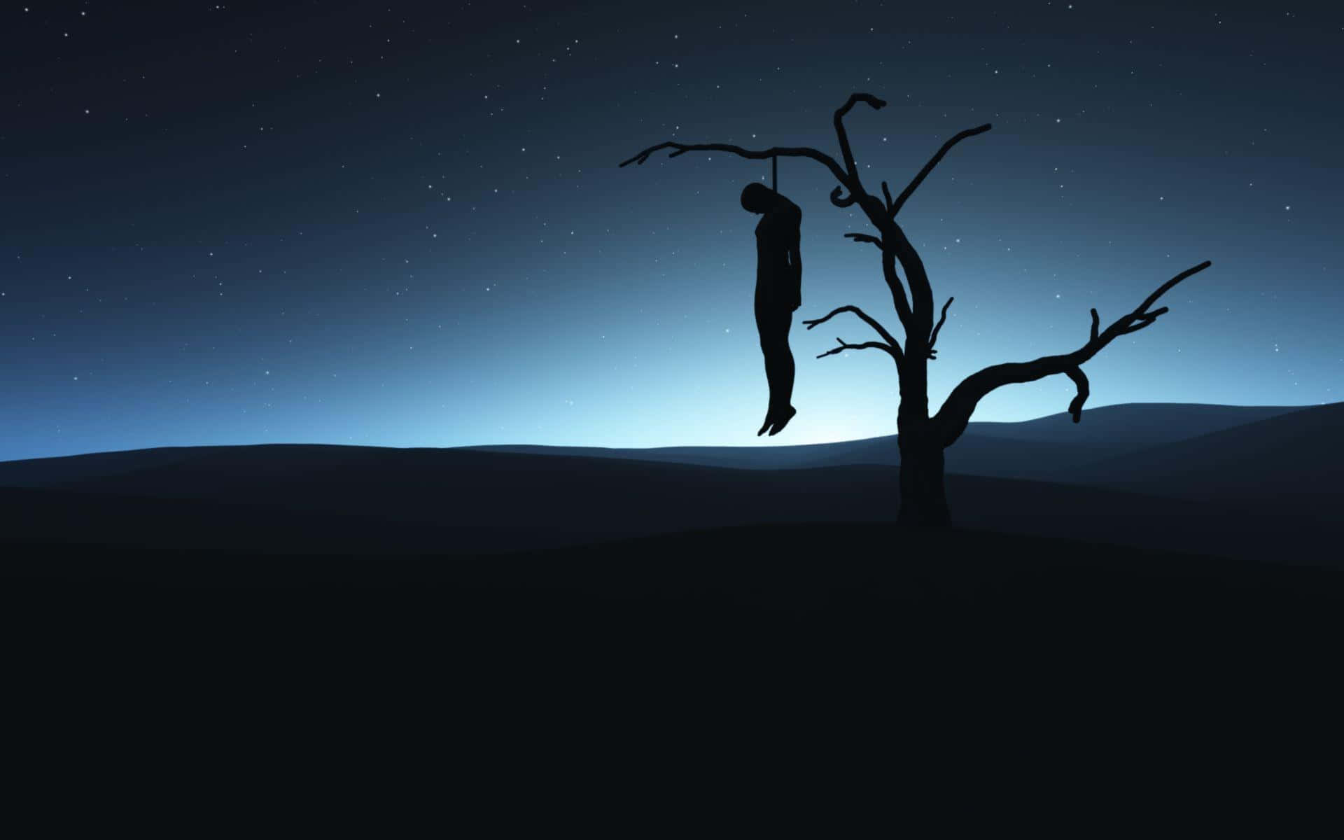 Suicide 桌布 壁紙 — 在繁星點點的夜空下，起伏的山丘上，一棵荒蕪的樹上懸掛著一個人的清晰剪影。