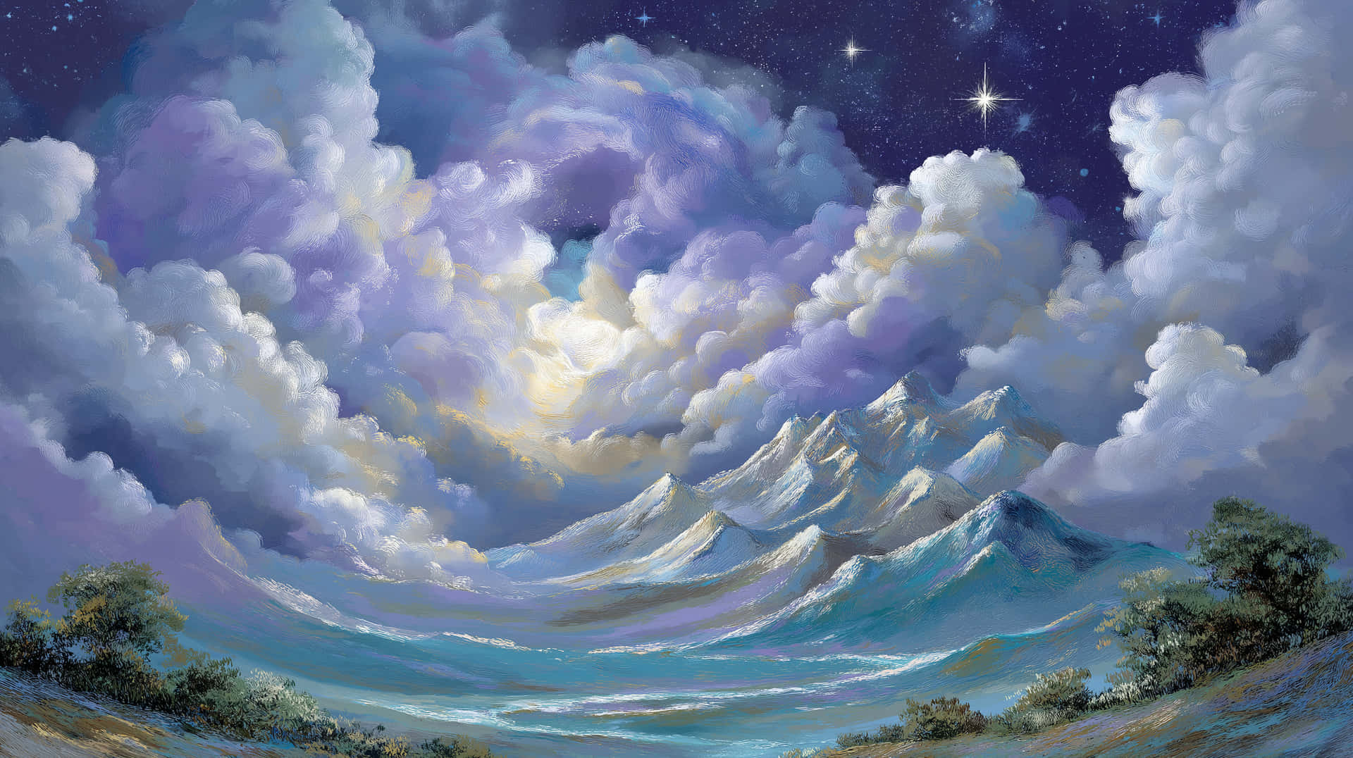 Fantasy Landscape with Dreamy Clouds and Starry Sky 壁紙 — 在繁星點點的夜空下，雄偉的山脈，伴隨著旋轉的紫色和白色雲彩。