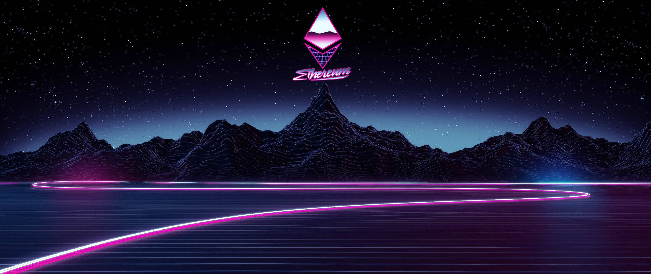 Cryptocurrency 桌布 壁紙 — 在繁星點點的夜空下，霓虹燈照亮了未來主義的山脈，前景有發光的粉紅色和藍色線條彎曲。