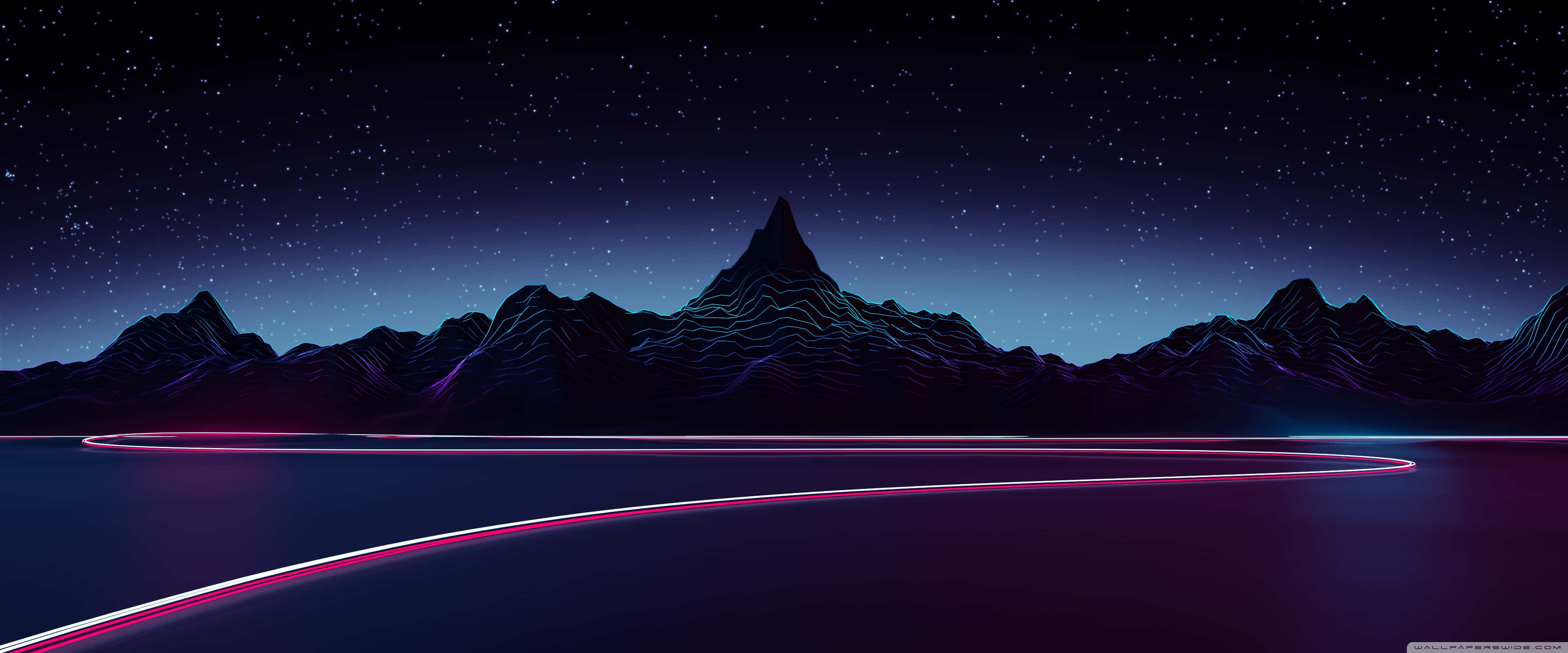 Apple 3840x1600 桌布 壁紙 — 在繁星點點的夜空下，霓虹燈照亮嘅山脈，發光嘅粉紅色同藍色道路蜿蜒穿過反射嘅黑暗景觀。