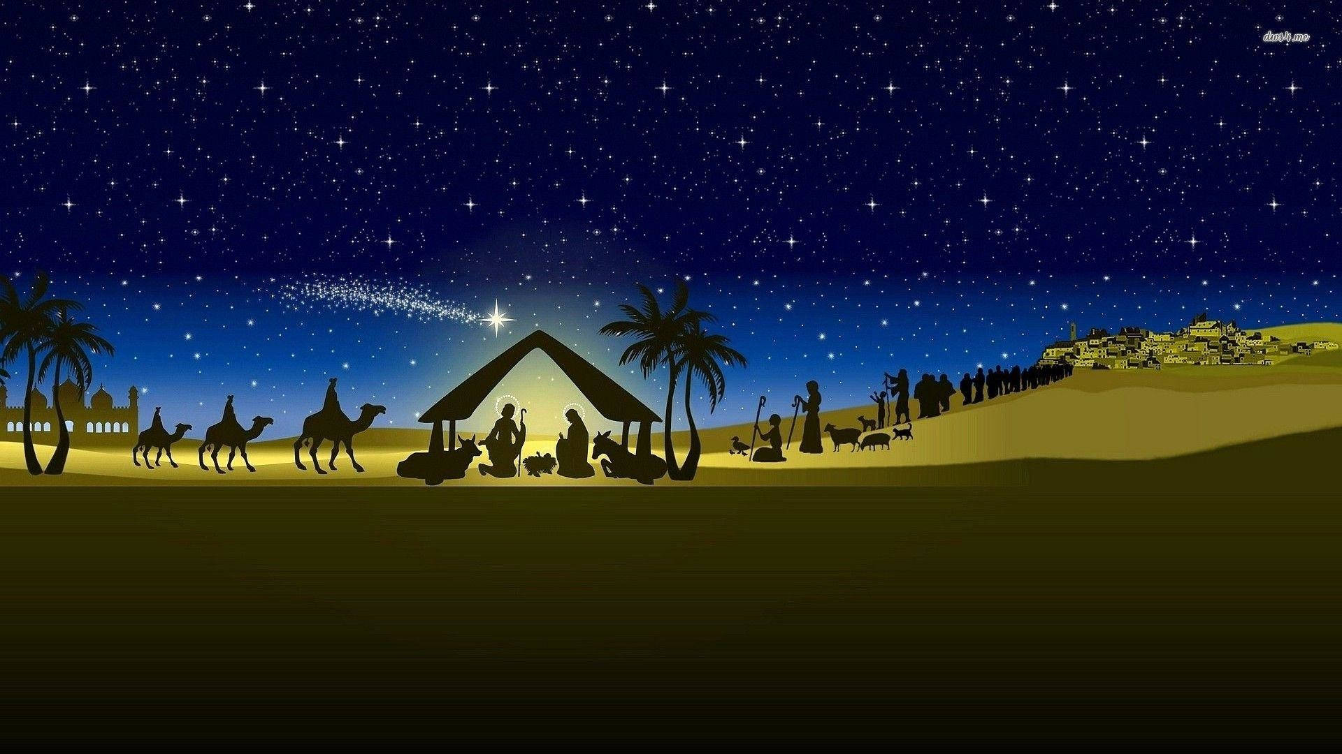 Nativity 桌布 壁紙 — 在繁星點點的夜空下，駱駝和牧羊人聚集在馬槽周圍的剪影耶穌誕生場景。
