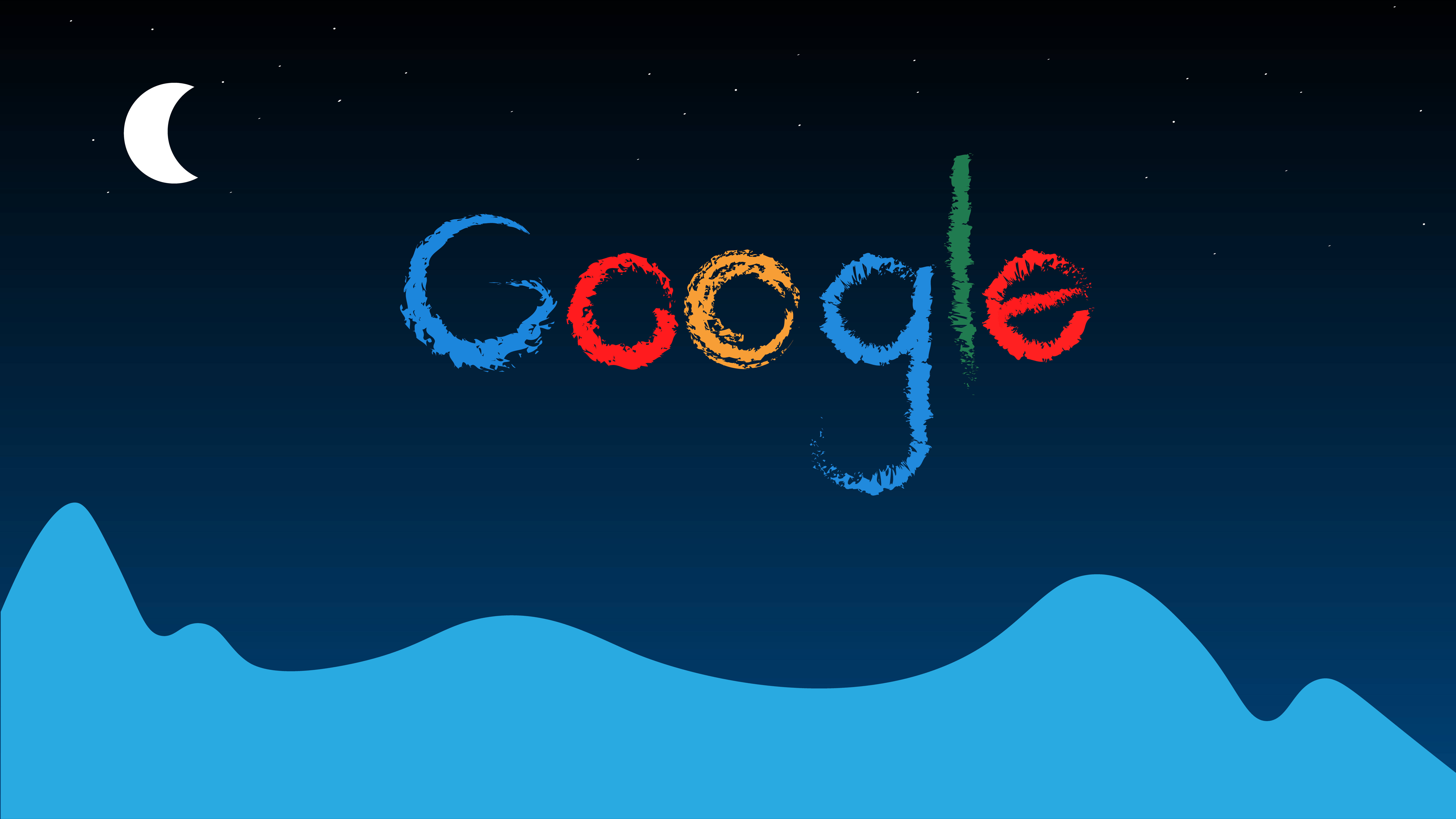 google 桌布 壁紙 — 在繁星點點的夜空背景下，用彩色粉筆繪製的Google標誌，帶有新月和藍色山脈輪廓。