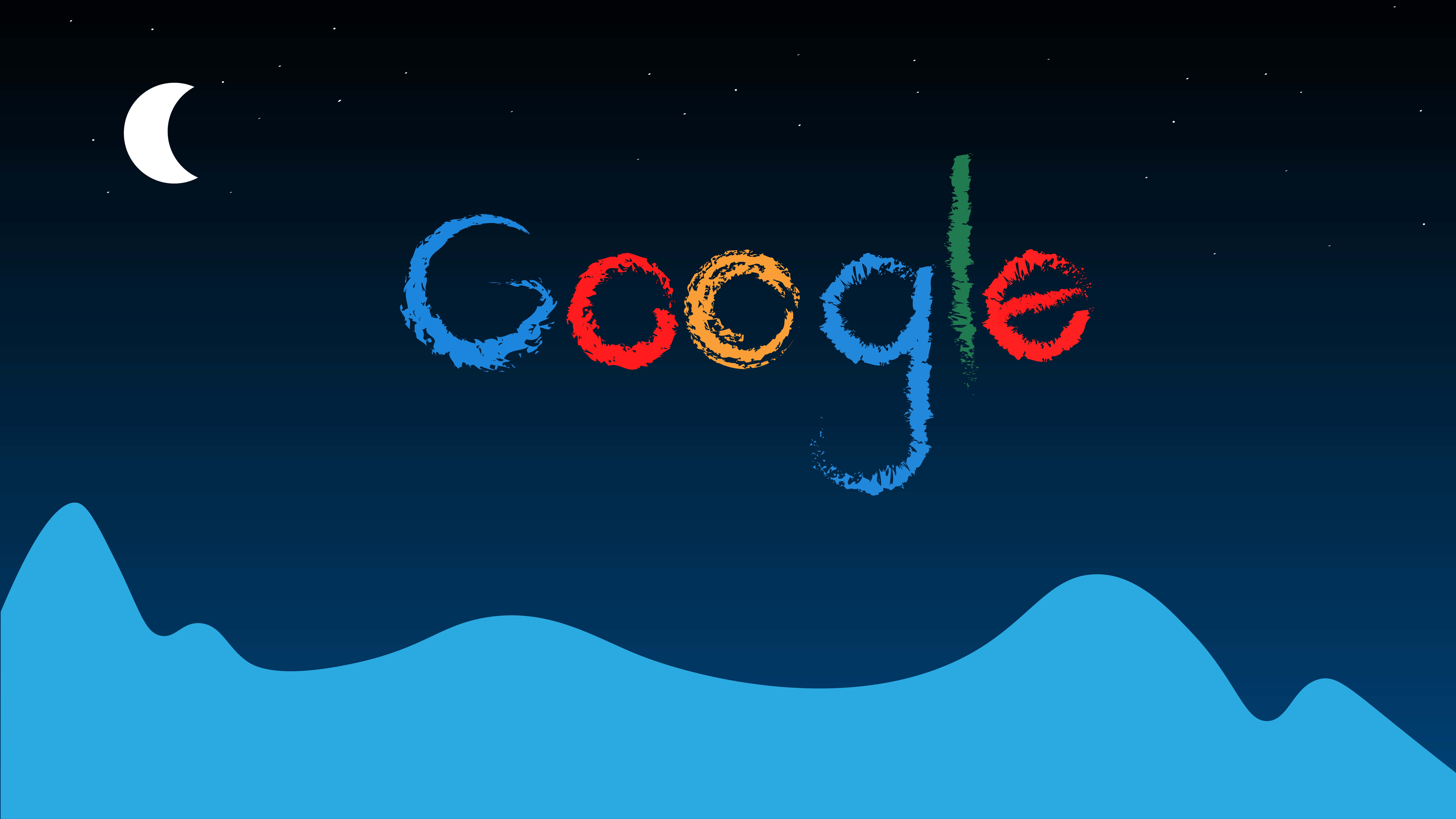 google 桌布 壁紙 — 在繁星點點的夜空背景下，用彩色粉筆繪製的Google標誌，帶有新月和藍色山脈輪廓。