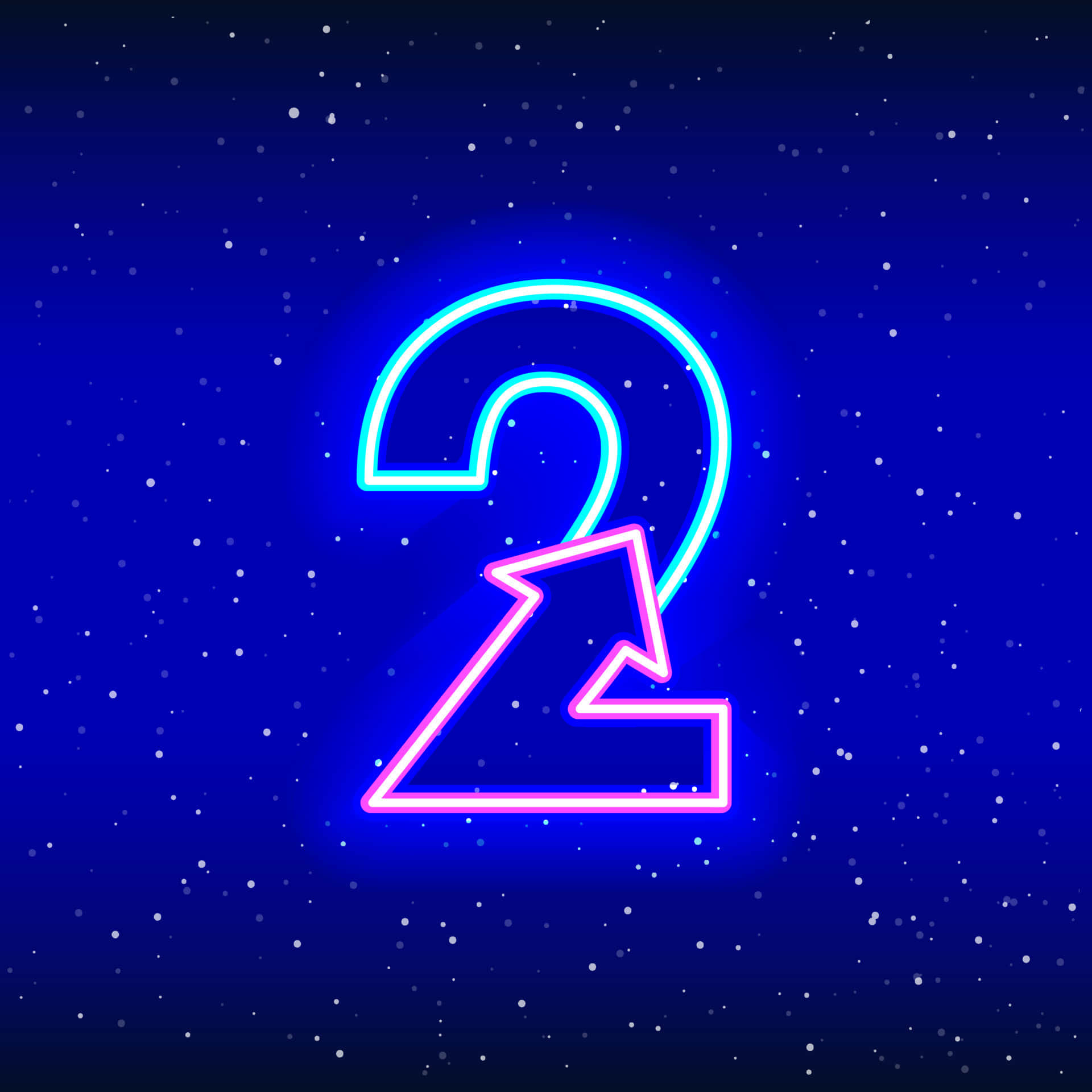 Sparkling Stars 桌布 壁紙 — 在繁星點點的夜空背景下，藍色和粉紅色的發光霓虹數字2。