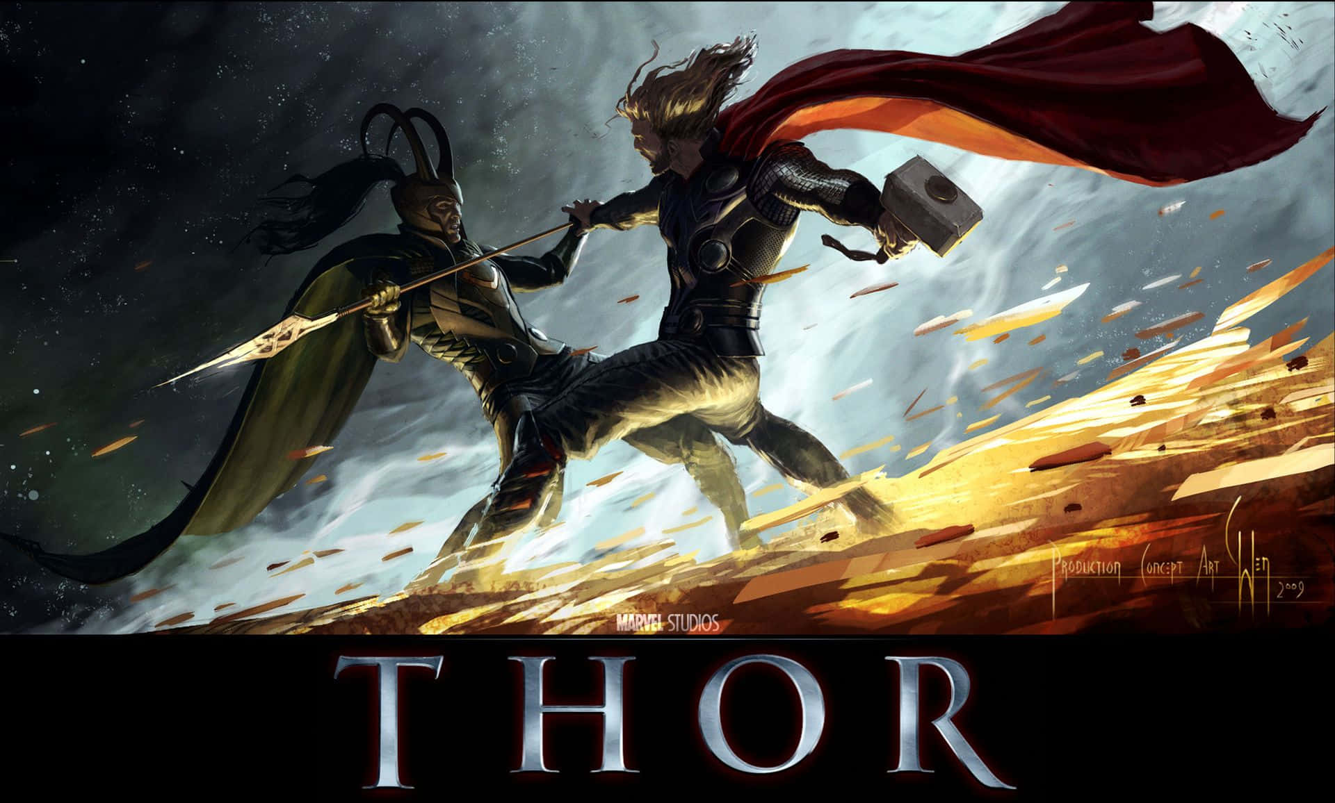 Marvel Movie 桌布 壁紙 — 在繁星點點的天空下，索爾和洛基在破碎的地面和旋轉的暴風雲中展開了一場激烈的戰鬥。