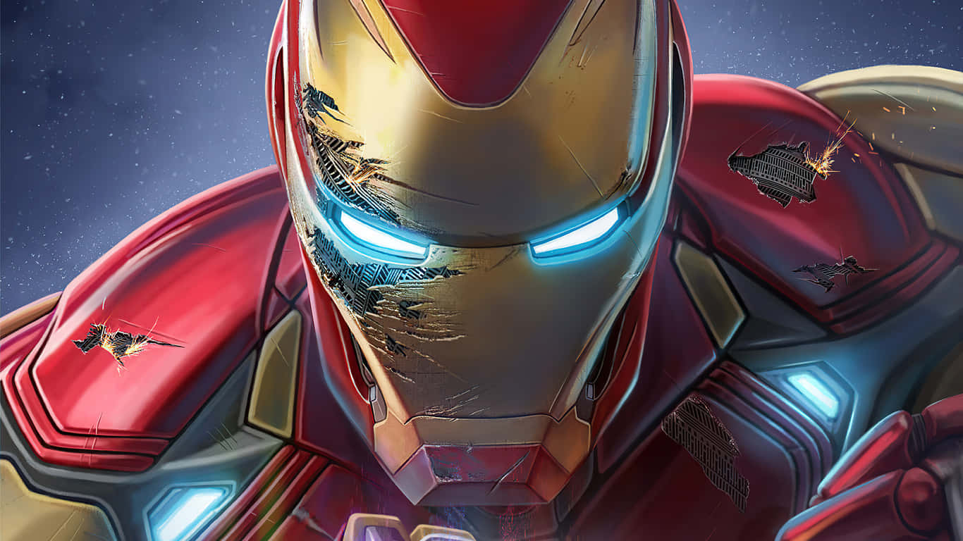 1366x768 Iron Man 桌布 壁紙 — 在繁星點點的太空背景下，鋼鐵人受損的紅色和金色盔甲散發出藍色光芒的眼睛。