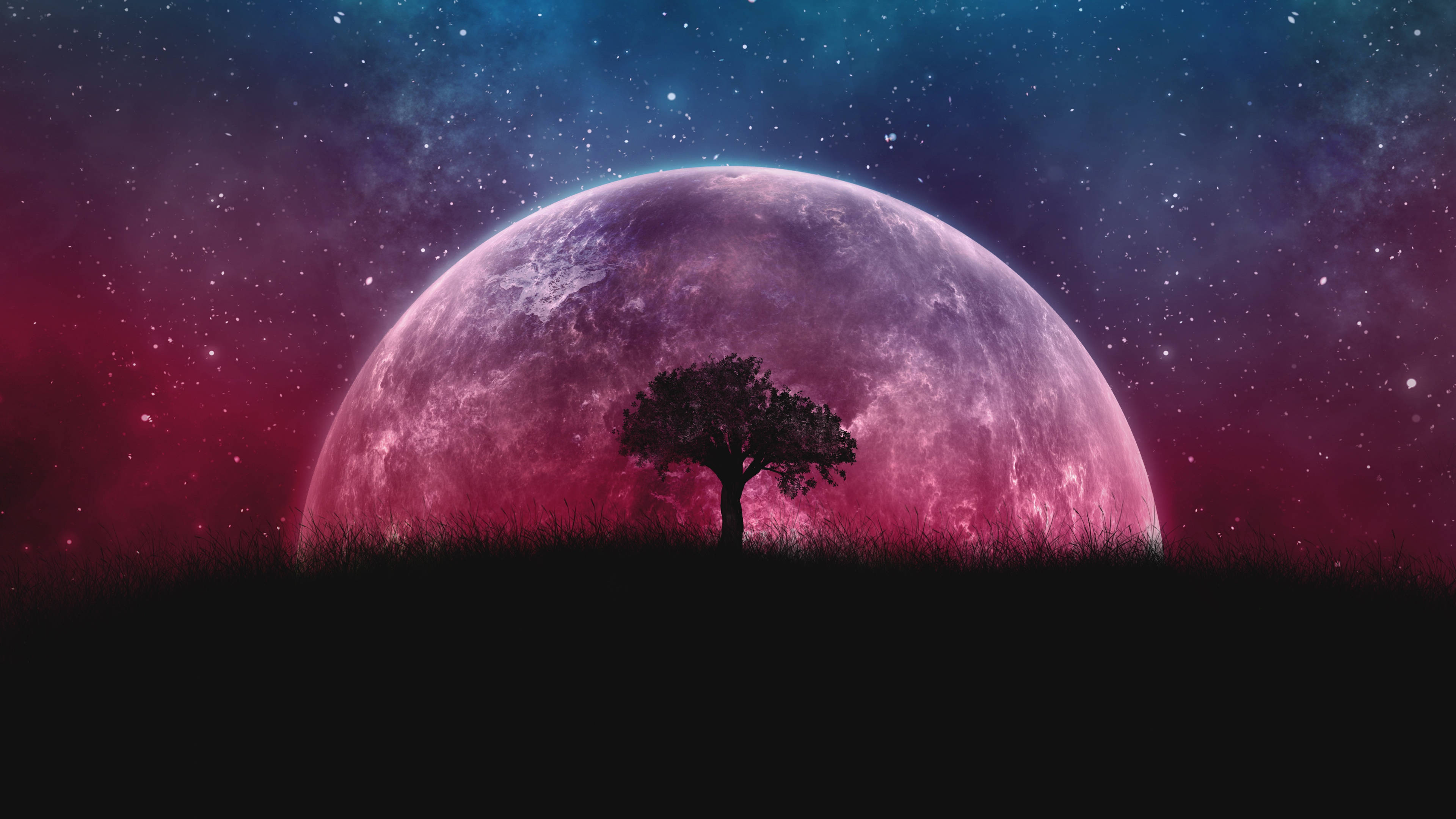 月亮與星星 桌布 壁紙 — 在繁星點點的宇宙天空下，一棵孤獨的樹的剪影立在草地上，前面是一個巨大的發光粉紅色和紫色行星。