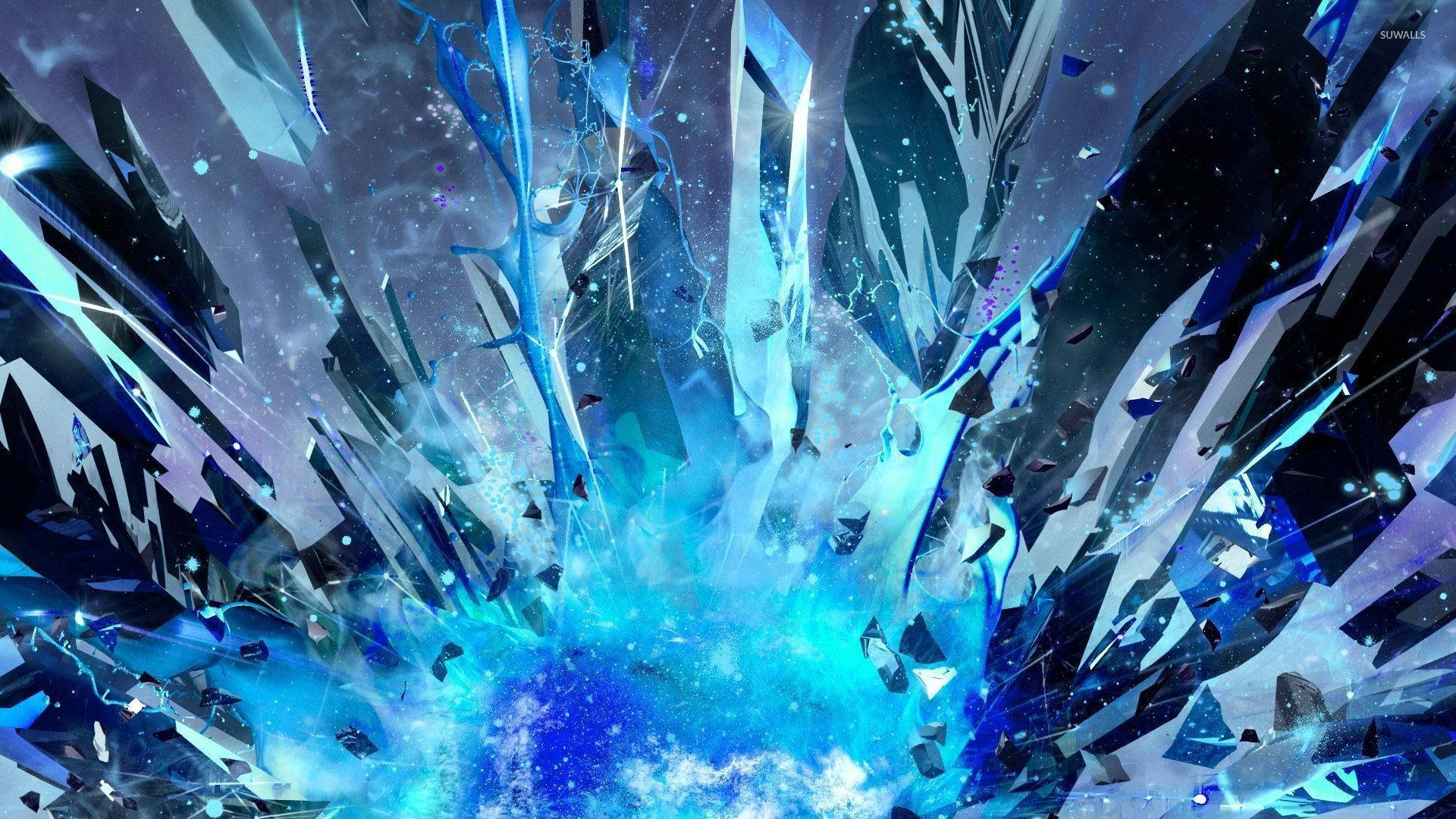 水晶 桌布 壁紙 — 在繁星點點的宇宙背景下，從發光的核心向外輻射的鋸齒狀藍色和紫色水晶碎片的充滿活力的數位爆炸。