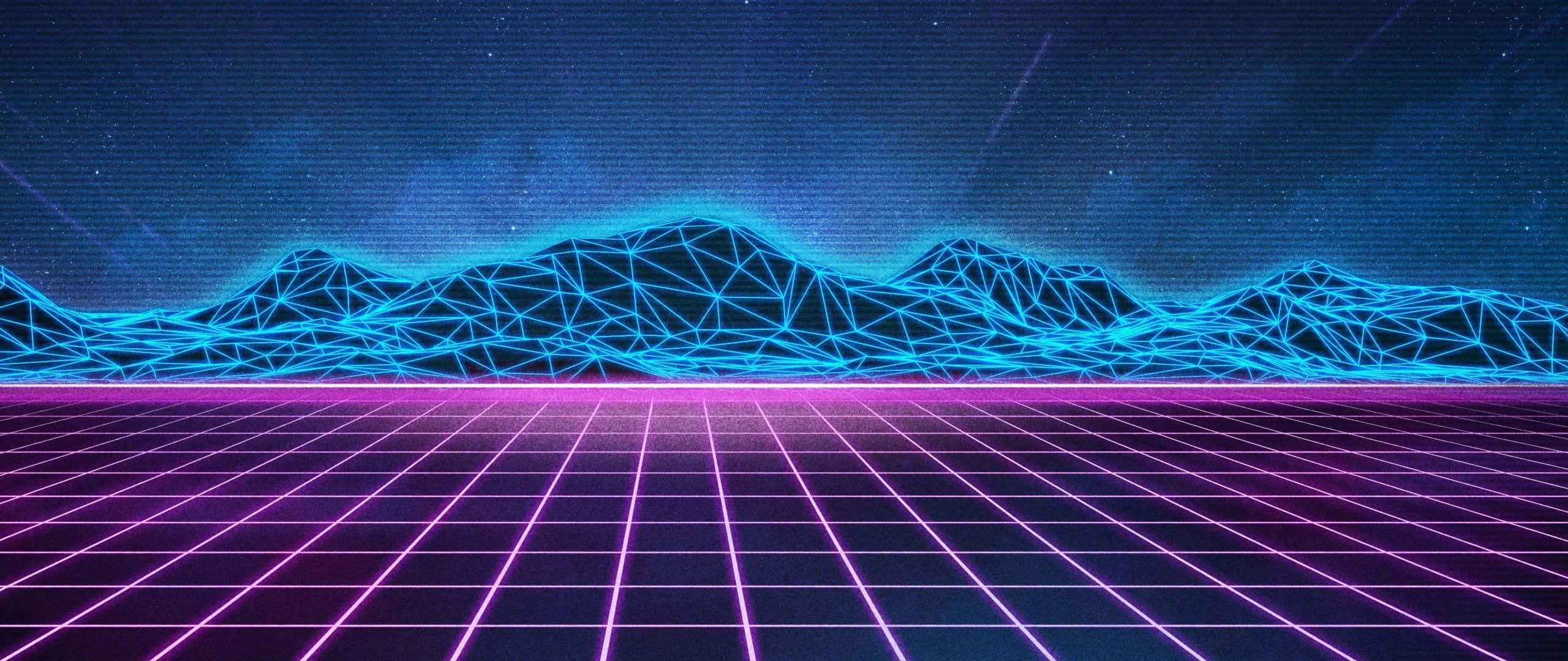 Trippy Neon Lights 桌布 壁紙 — 在繁星點點的數位夜空下，霓虹網格地板延伸向發光的藍色幾何山脈。
