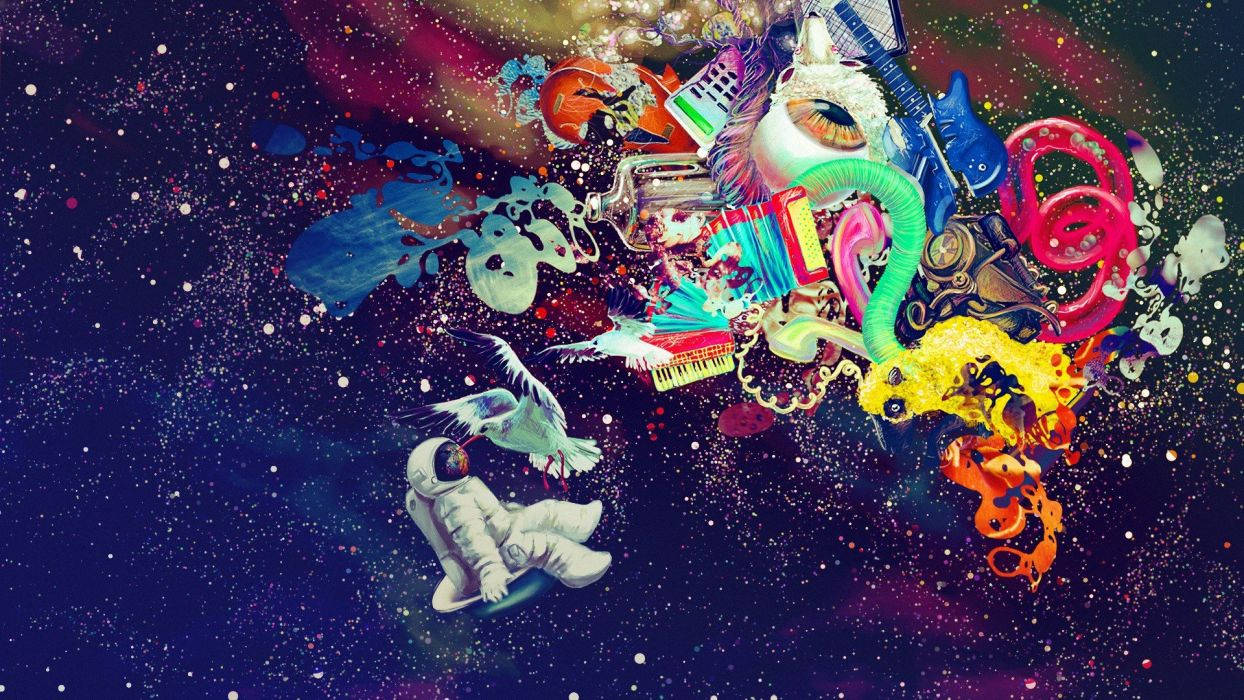 迷幻動圖 桌布 壁紙 — 在繁星點點的星系中漂浮著充滿活力的樂器和奇幻生物的 surreal 宇宙爆炸。