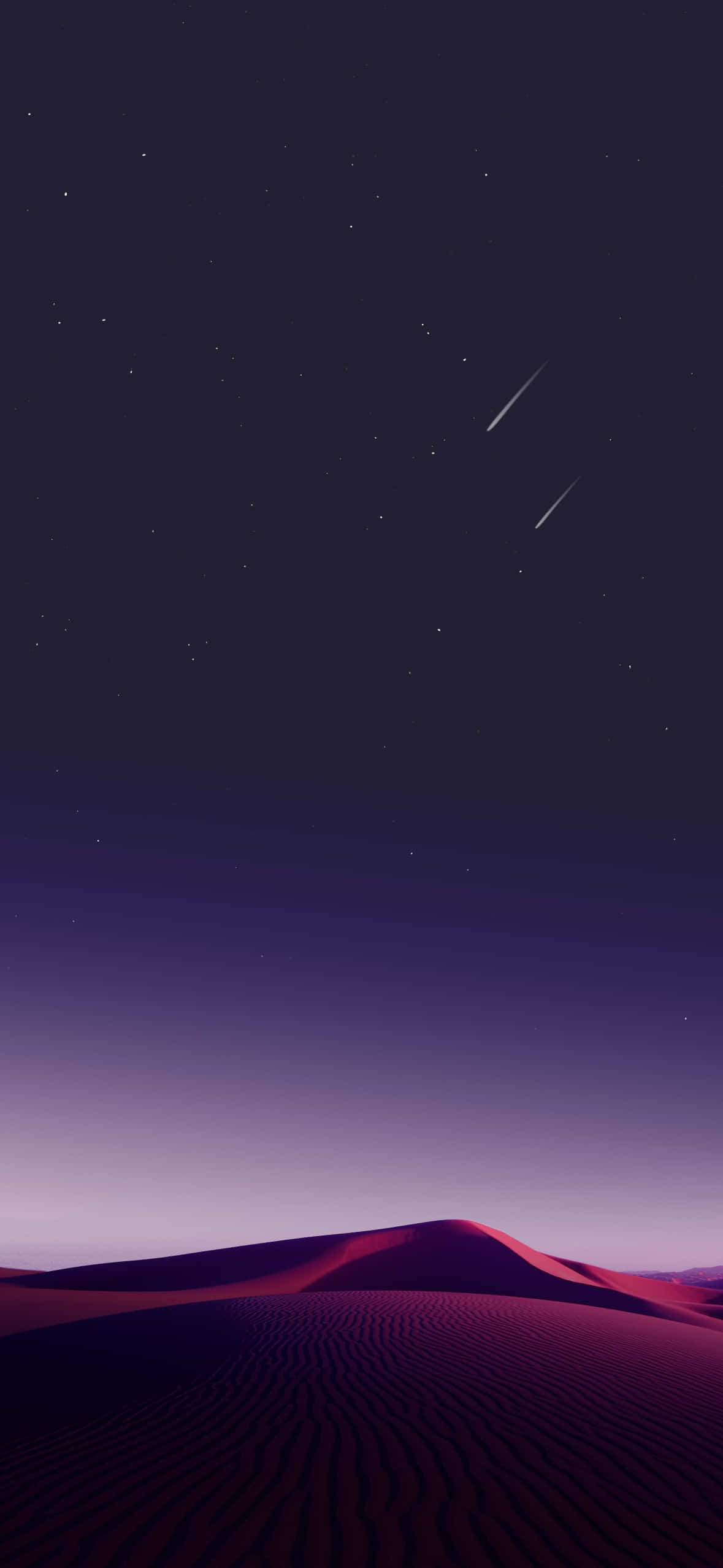 1179x2556 桌布 壁紙 — 在繁星點點的暮色天空下，寧靜的沙漠沙丘景觀，兩顆流星劃過深紫色的蒼穹。