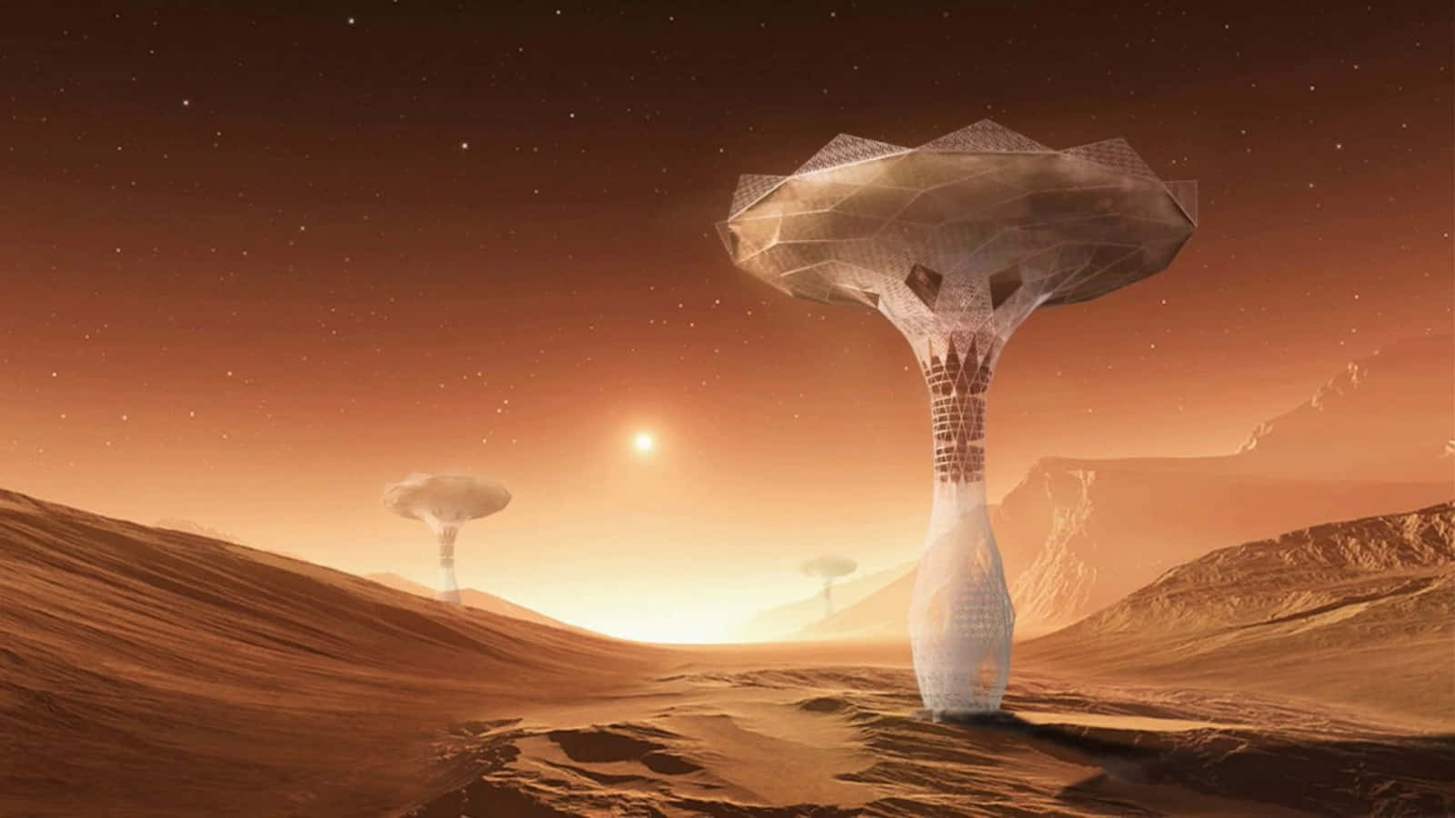 Terraforming 桌布 壁紙 — 在繁星點點的橙色天空和發光的太陽下，未來主義的幾何結構從貧瘠的外星沙漠中升起。