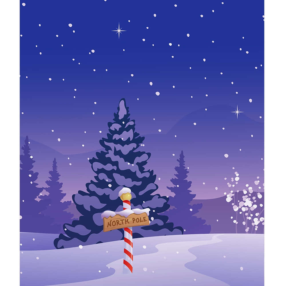 North Pole 桌布 壁紙 — 在繁星點點的紫色夜空下，一根糖果杖柱子上掛著「北極」標誌，矗立在白雪皚皚的冬季森林中。