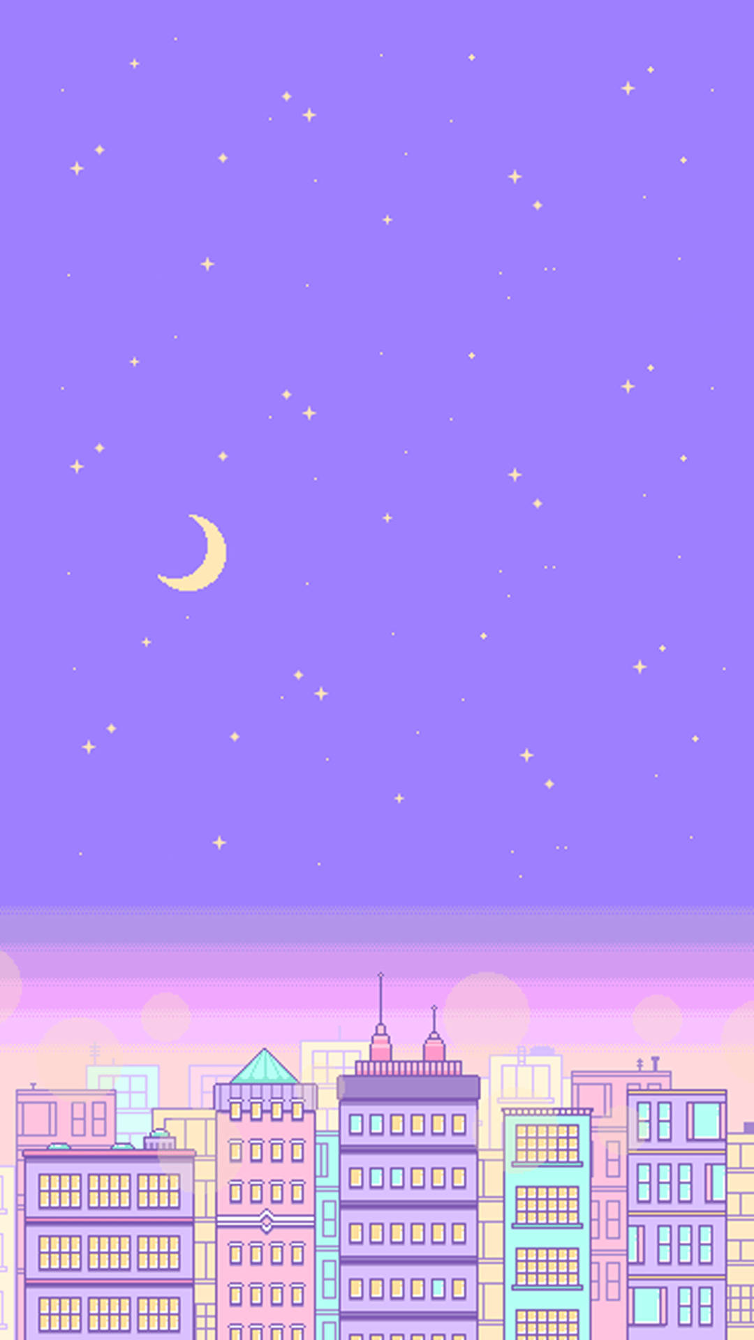 Cartoon 桌布 壁紙 — 在繁星點點的紫色夜空下，新月映襯的柔和色調城市天際線。