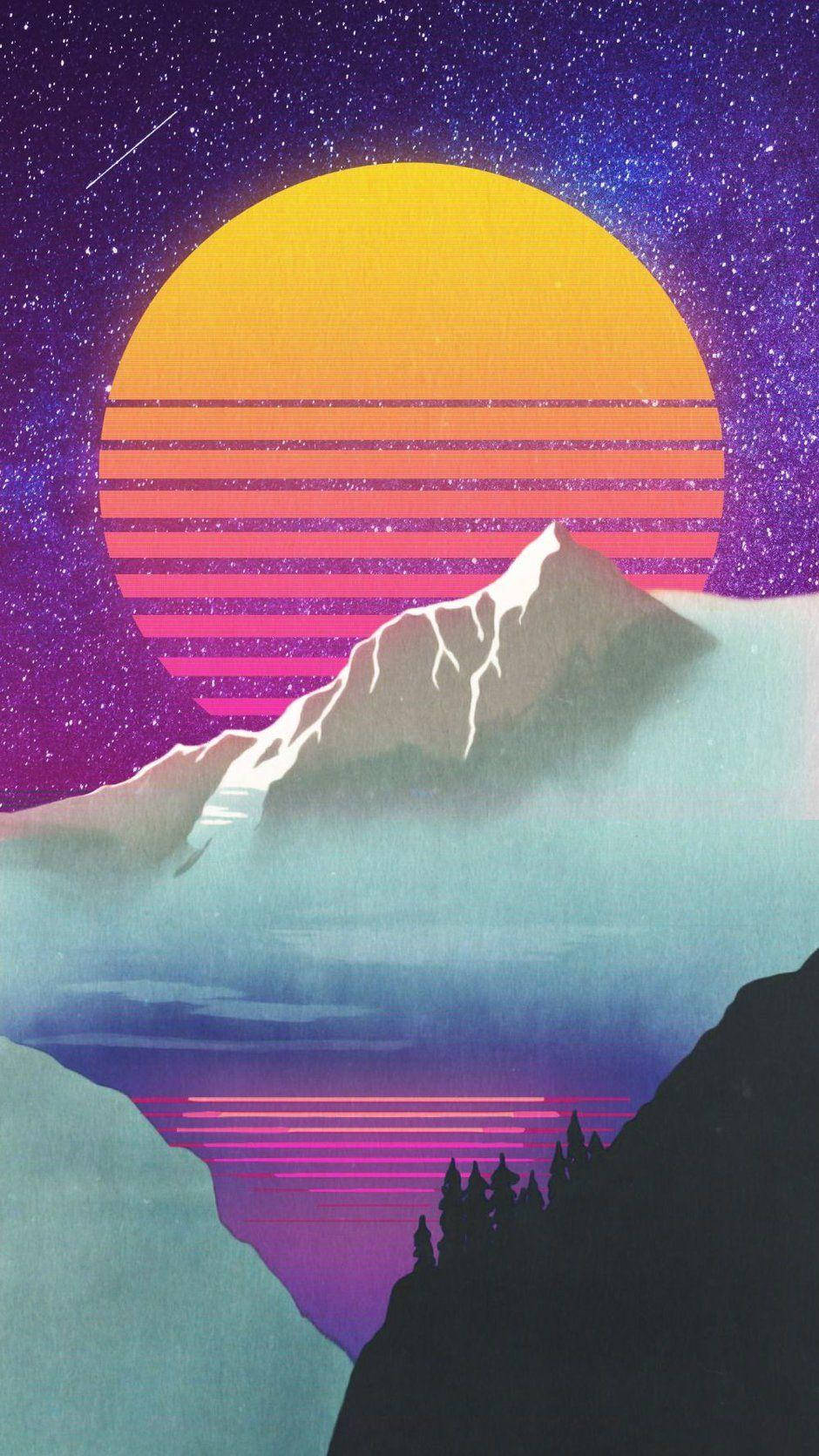 美學平板 桌布 壁紙 — 在繁星點點的紫色天空下，一座復古未來主義的山峰在巨大的條紋太陽下升起，霧氣山谷中閃爍著發光的倒影。