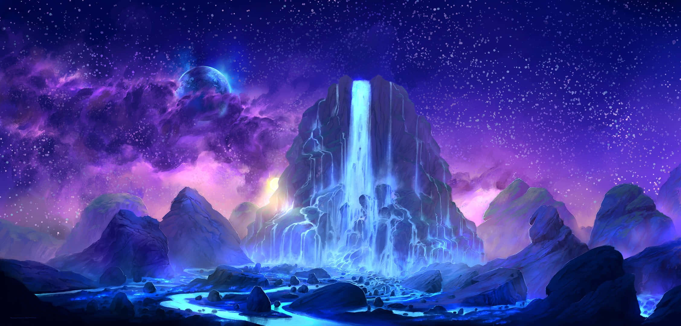 Space Art 桌布 壁紙 — 在繁星點點的紫色天空下，一輪發光的月亮照耀著，一道發光的瀑布從崎嶇的山上傾瀉而下。