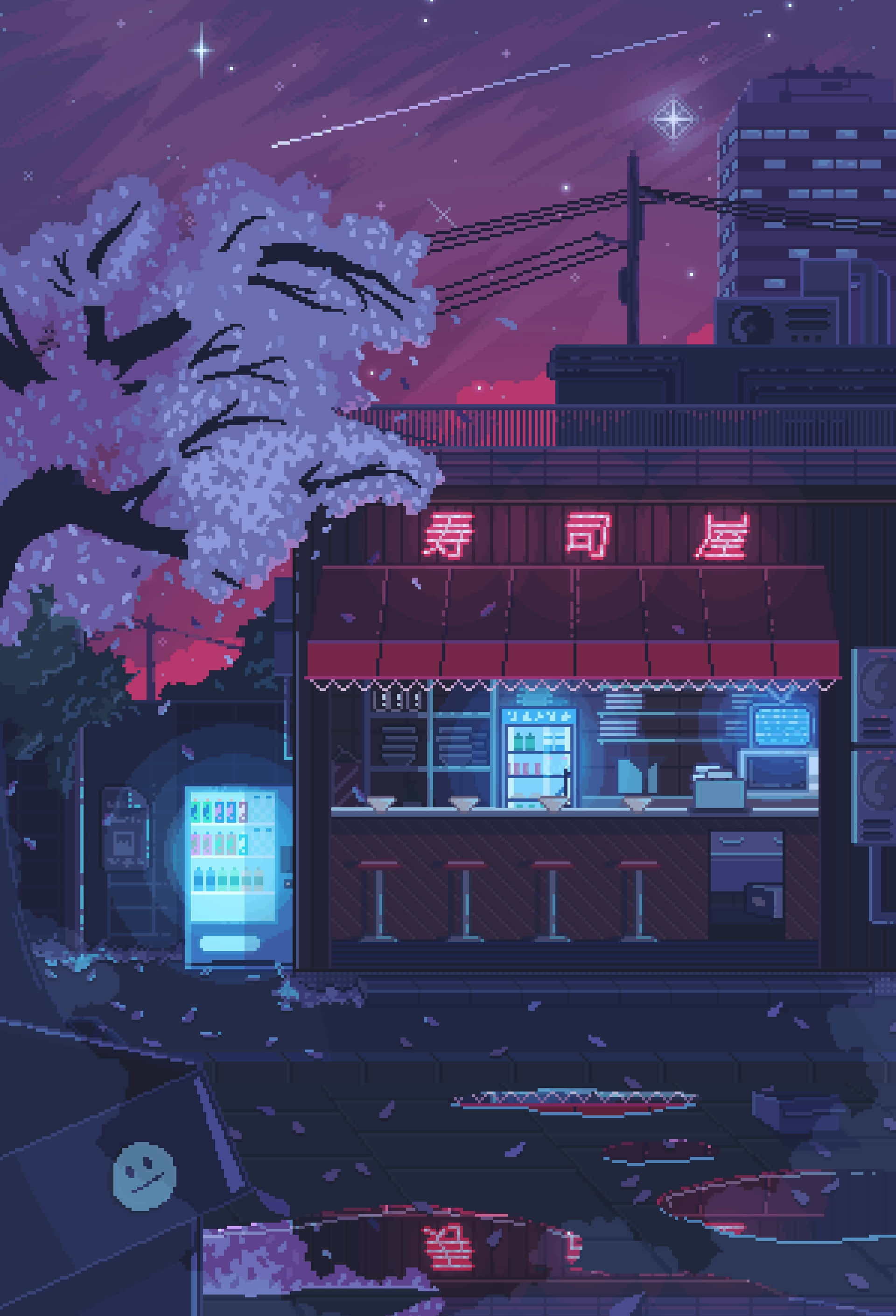 像素藝術 桌布 壁紙 — 在繁星點點的紫色天空下，像素藝術壽司店，櫻花飄落在濕漉漉的人行道上。