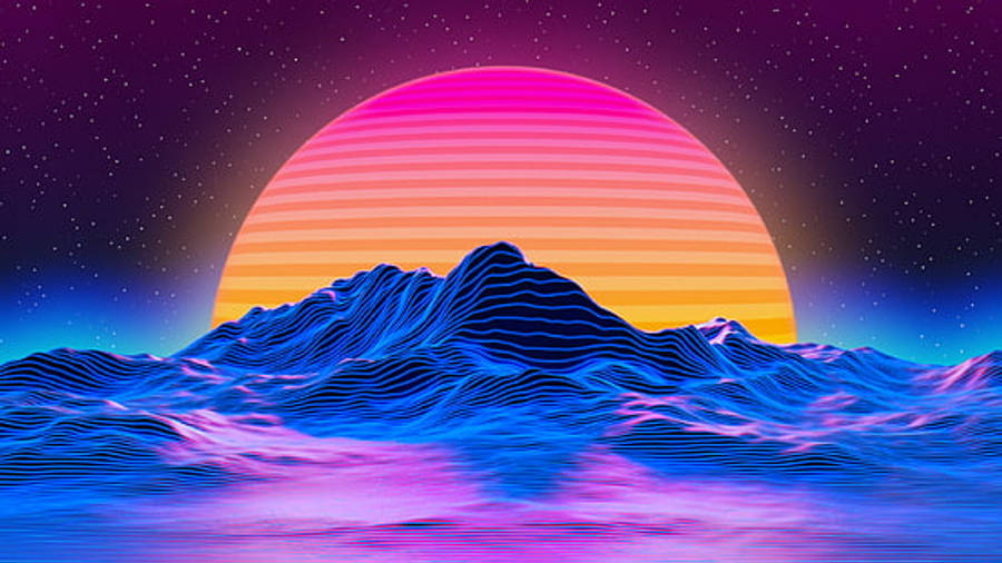 2440x1440 桌布 壁紙 — 在繁星點點的紫色天空下，發光的藍色山脈背後有一個條紋粉橙色太陽的霓虹日落。
