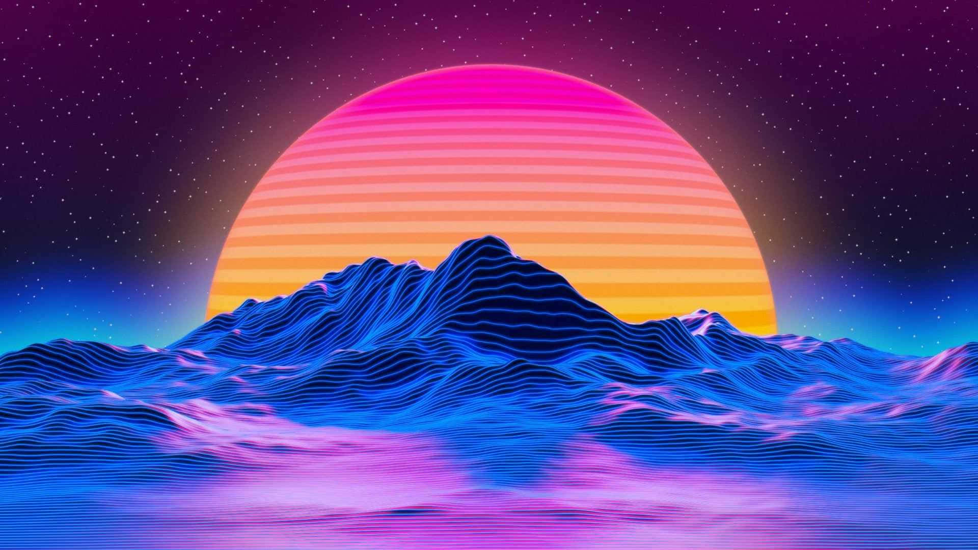 Chill 桌布 壁紙 — 在繁星點點的紫色天空下，藍色波浪山後面有粉紅色橙色條紋的霓虹日落。