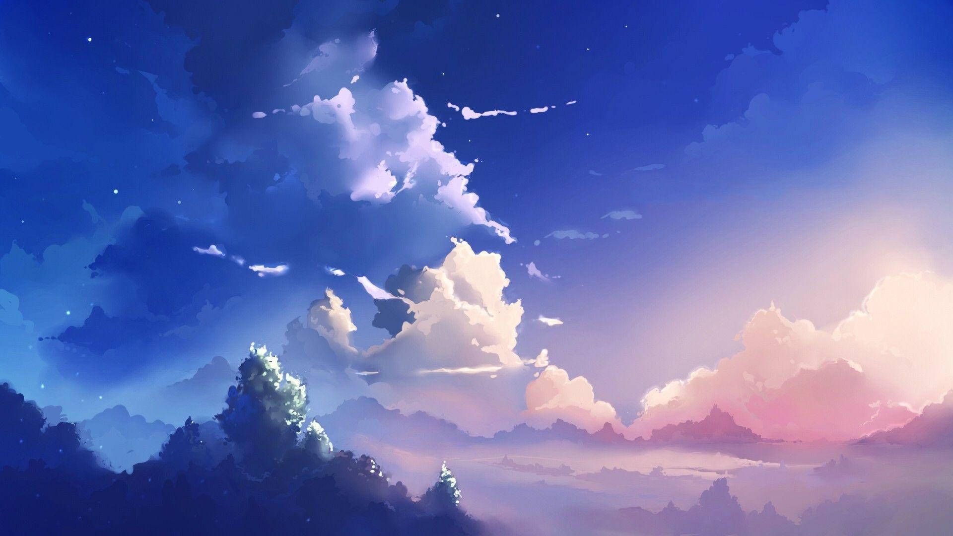 動漫風景美圖 桌布 壁紙 — 在繁星點點的蒼穹下，柔和的粉紅與藍色雲彩在霧氣繚繞的山巒上方閃耀，呈現寧靜的暮色天空。