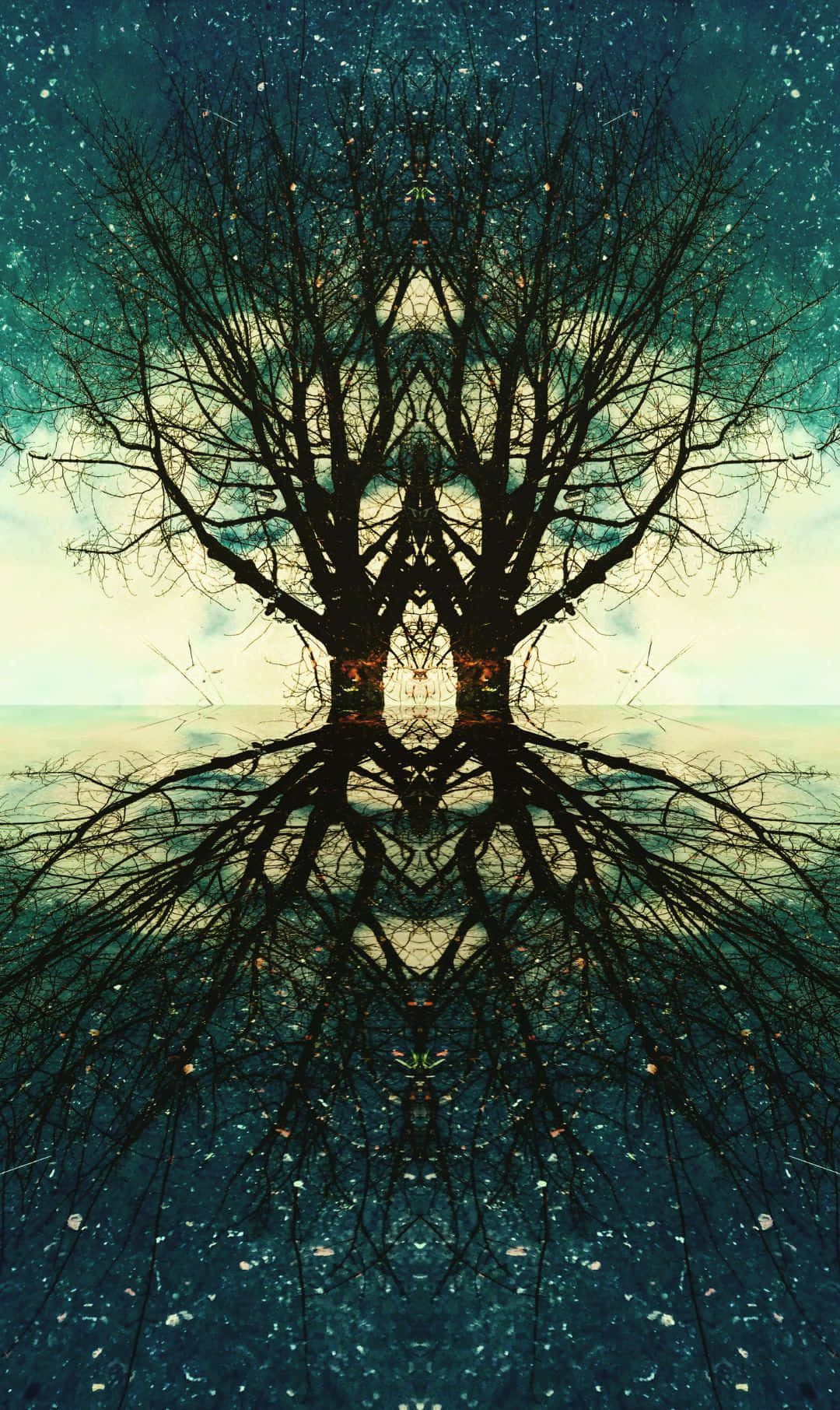1080x1812 桌布 壁紙 — 在繁星點點的藍綠色天空下，一棵對稱的樹木光禿的樹枝倒映在水中。