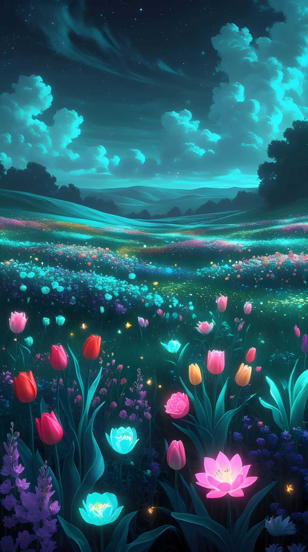 Beautiful night scenery of flowers 壁紙 — 在繁星點點的藍綠色天空和蓬鬆雲朵下，發光的鬱金香和蓮花田。