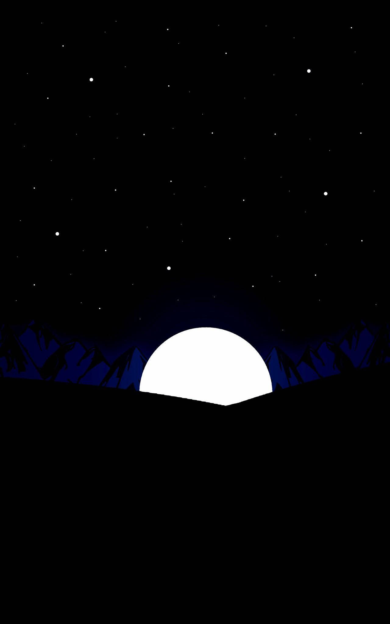 OLED 桌布 壁紙 — 在繁星點點的黑色天空下，一輪明亮的白色月亮從深藍色山脈剪影後升起的極簡夜景。