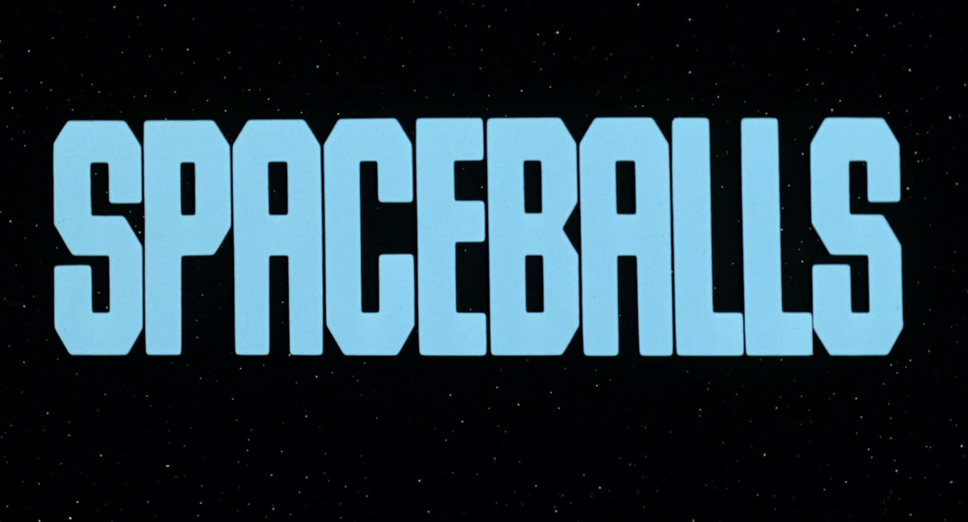 spaceballs 桌布 壁紙 — 在繁星點點的黑色太空背景上，以復古科幻字體呈現的粗體淺藍色「SPACEBALLS」標題。