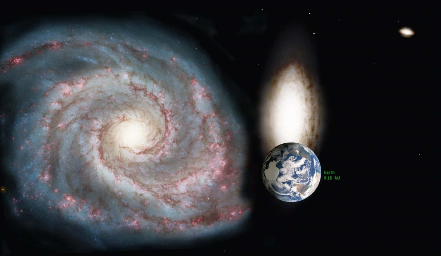 Whirlpool Galaxy 桌布 壁紙 — 在繁星點點的黑色虛空中，地球旁邊是一個充滿活力的螺旋星系，帶有旋轉的藍色和粉紅色星雲，景色壯麗。