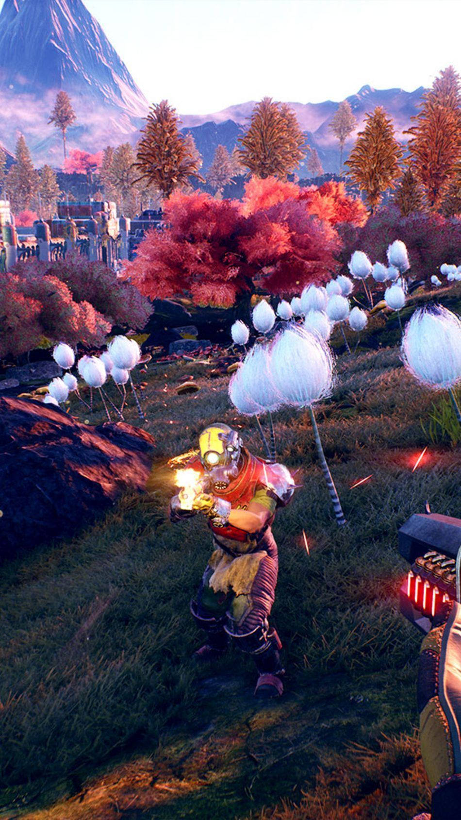 The Outer Worlds 桌布 壁紙 — 在群山環繞的天空下，一位身穿發光盔甲的未來戰士在鮮紅的樹葉和發光的白色植物中開火。