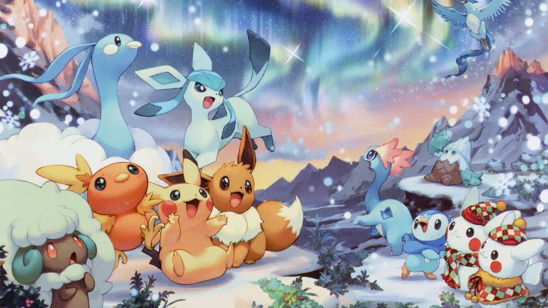 Pokemon Halloween 桌布 壁紙 — 在耀眼的北極光下，寶可夢聚集在白雪覆蓋的山谷中的生動冬季場景。