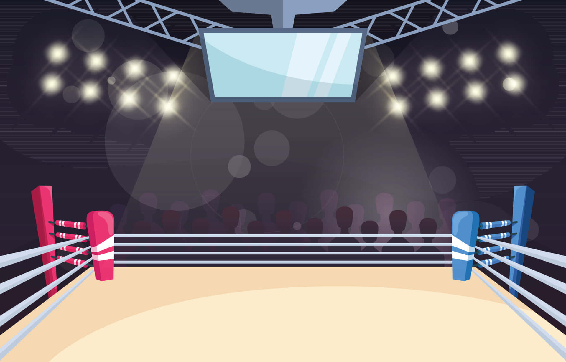 Boxing Ring 桌布 壁紙 — 在聚光燈下明亮照明的拳擊擂台，背景有群眾。