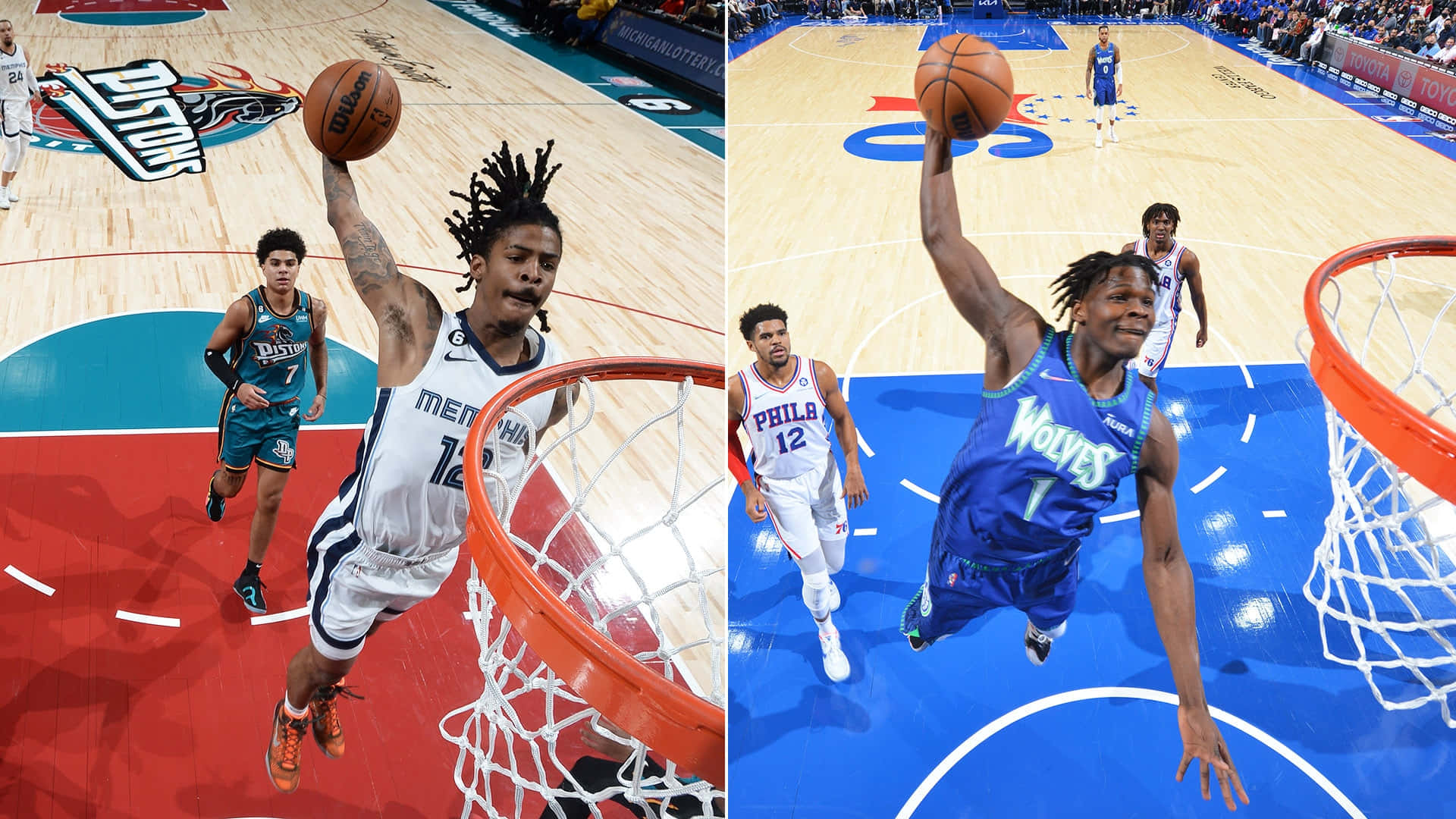 Ja Morant 動圖 桌布 壁紙 — 在職業比賽中以分格動作鏡頭捕捉的兩個動態籃球灌籃。