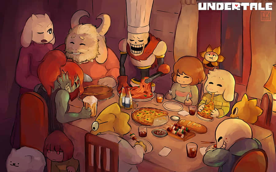 Undertale Desktop 桌布 壁紙 — 在舒適的木製飯廳裡，Undertale 角色圍繞著擺滿披薩麵包和飲料的桌子舉行溫馨的晚餐聚會。