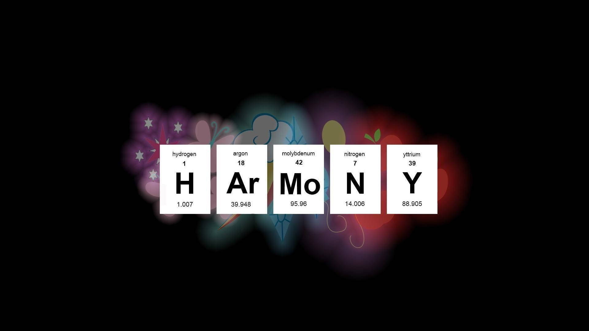 Periodic 桌布 壁紙 — 在色彩繽紛的抽象背景上，用元素週期表元素拼出「HARMONY」一詞。