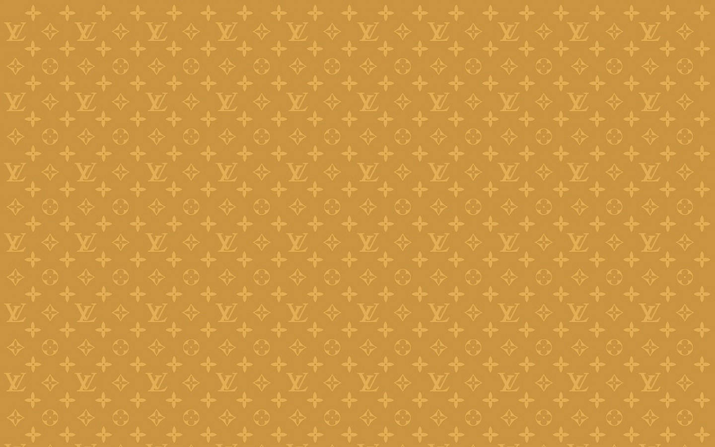 Louis Vuitton Aesthetic 桌布 壁紙 — 在芥末色背景上重複出現的金色 Louis Vuitton 標誌和花卉圖案字母組合圖案。