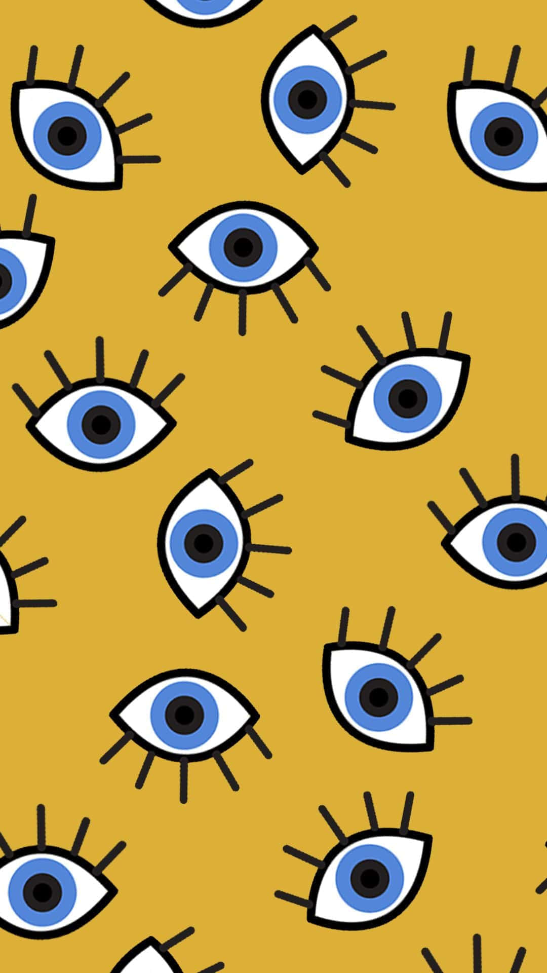 Evil Eye 桌布 壁紙 — 在芥末黃色背景上重複的卡通眼睛，帶有藍色虹膜和黑色睫毛。