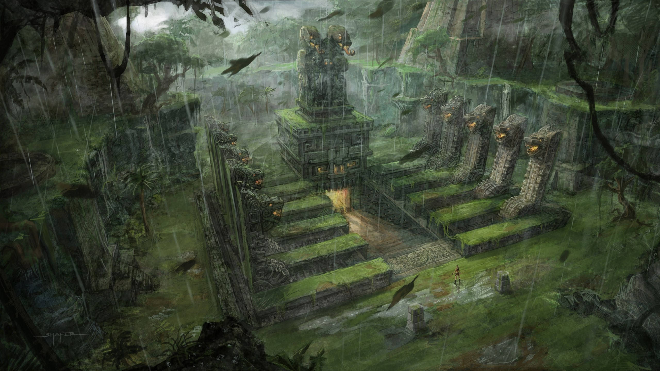電玩遊戲 桌布 壁紙 — 在茂密叢林中，暴雨下長滿苔蘚和藤蔓的古老石廟遺跡。