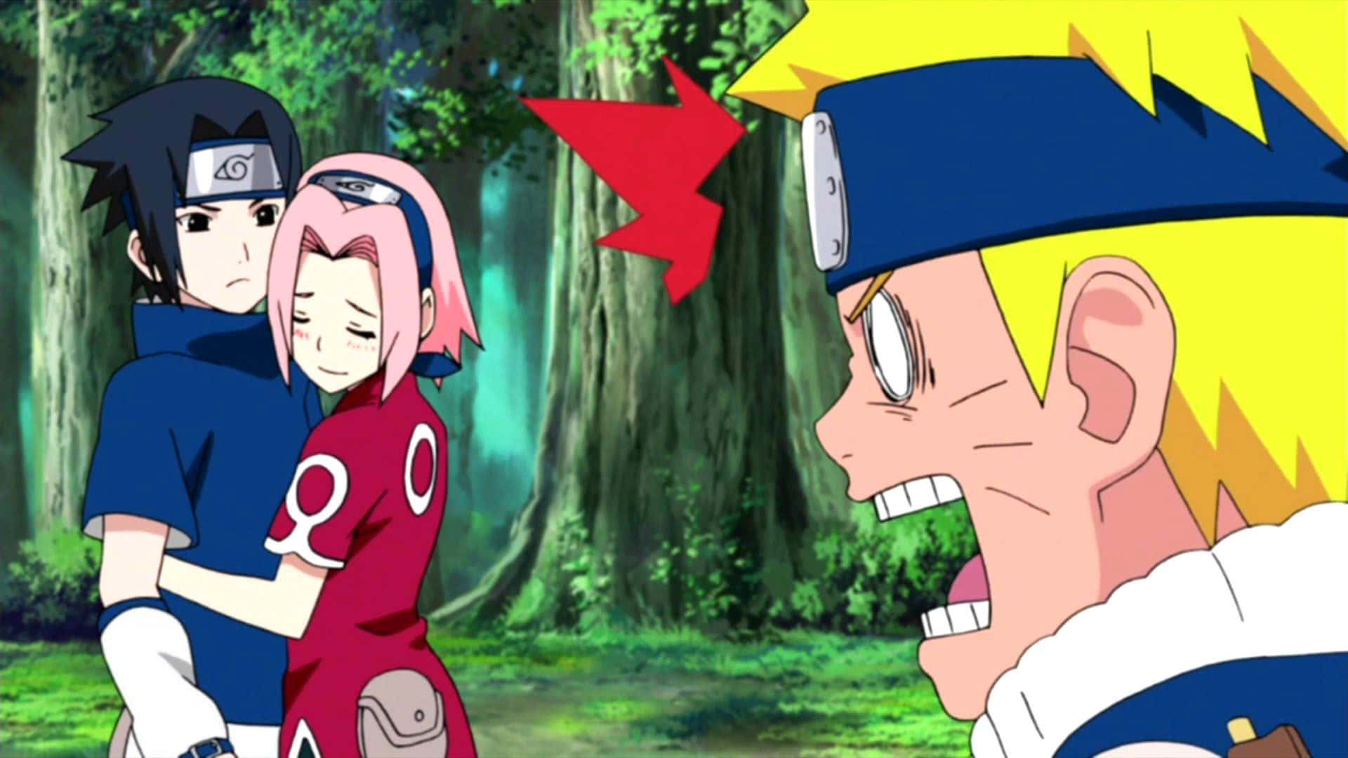 Funny Naruto 桌布 壁紙 — 在茂密的綠色森林中，佐助抱著小櫻，鳴人震驚地尖叫。