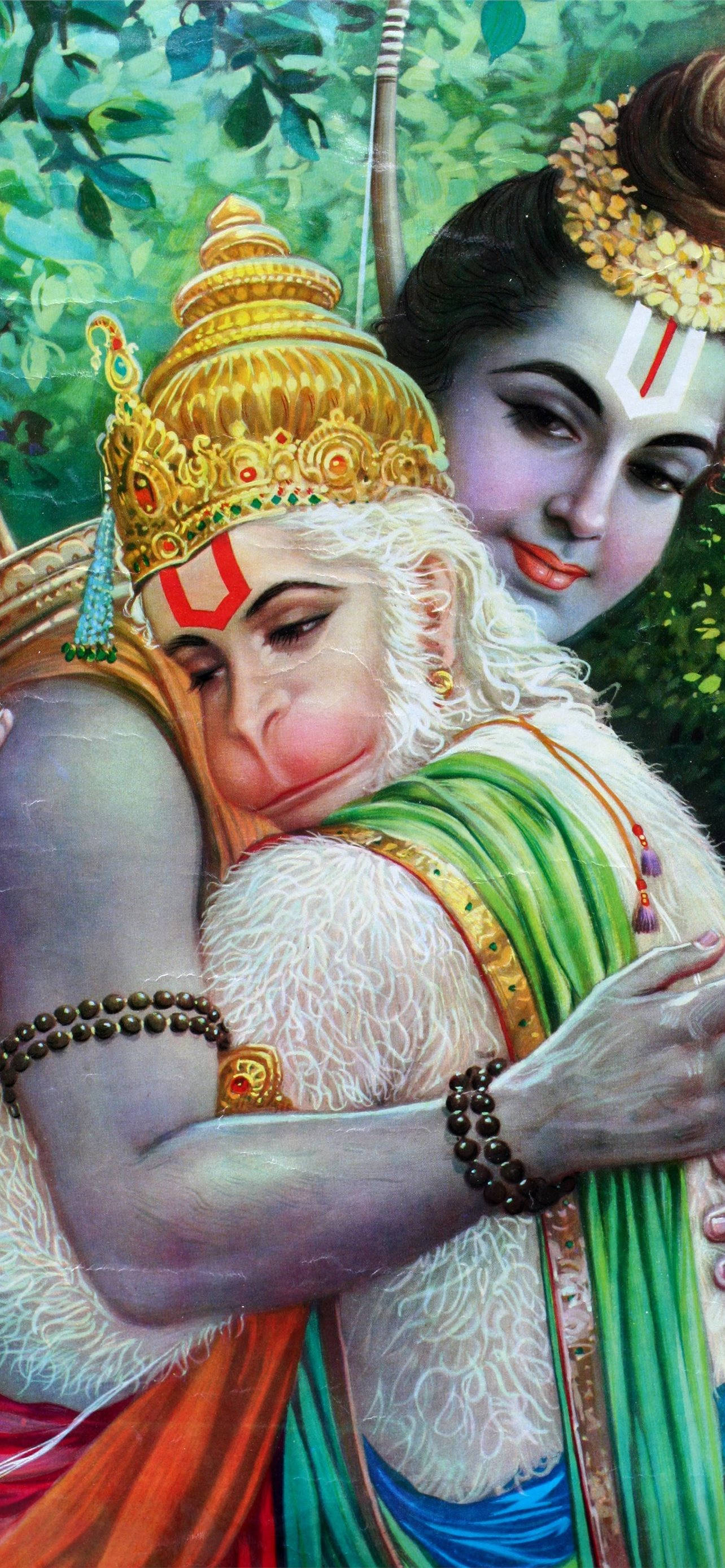 hanuman art 桌布 壁紙 — 在茂密綠葉中，哈努曼神與羅摩神的神聖擁抱，一幅充滿活力的傳統印度畫作。