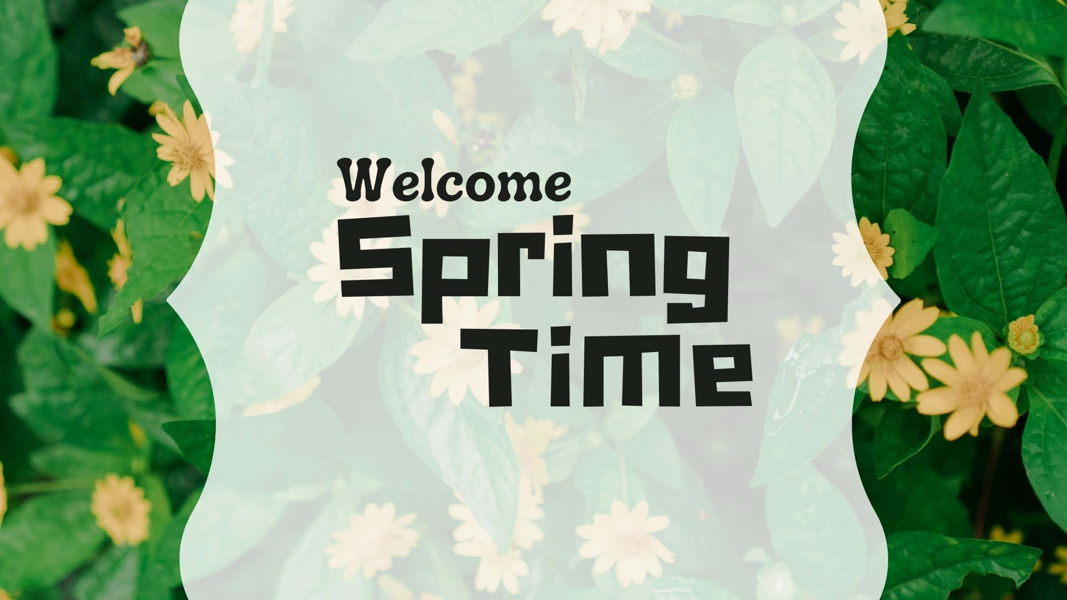 Spring Aesthetic 桌布 壁紙 — 在茂密綠葉與黃白花朵上，一個愉快的春天問候疊加。