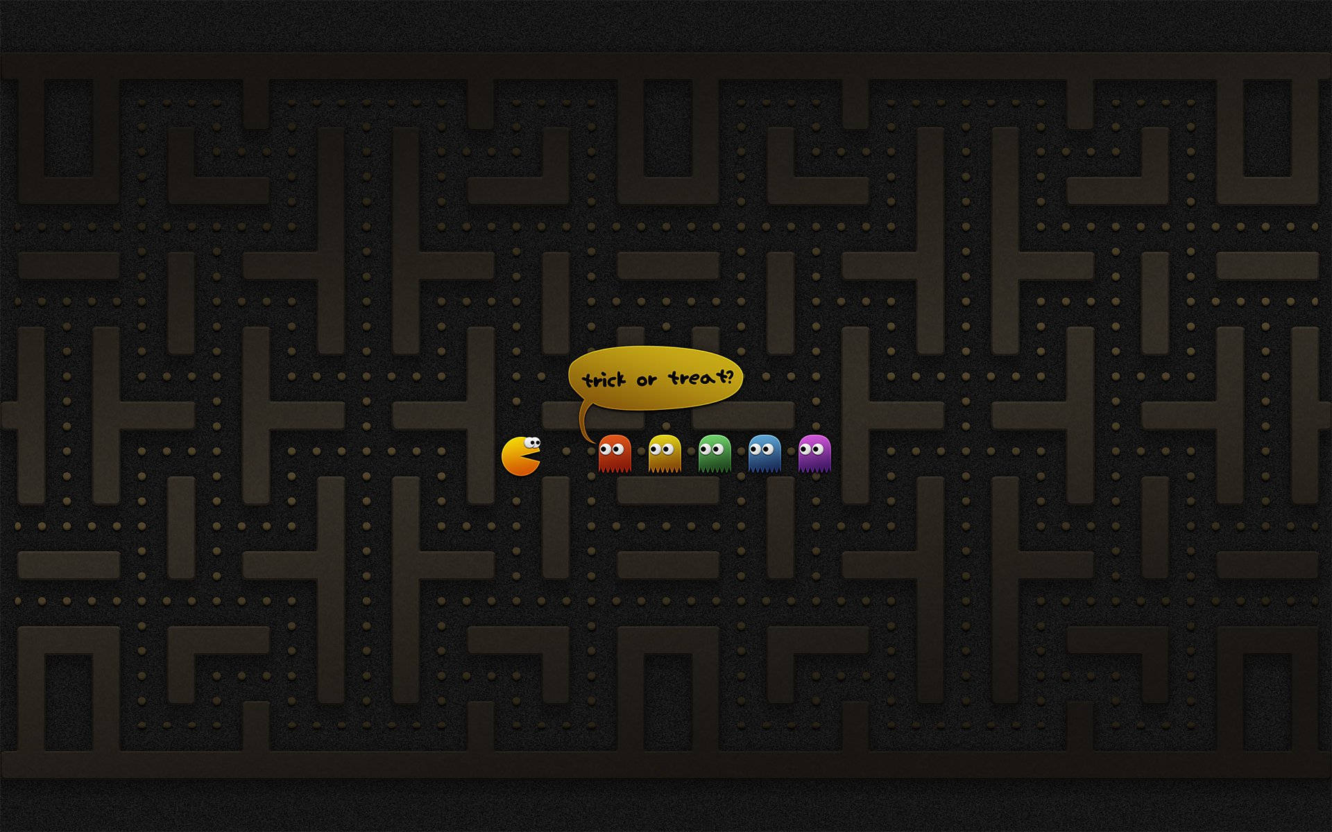 萬聖節動圖 桌布 壁紙 — 在萬聖節主題迷宮中的 Pac-Man 和四個鬼魂，附有『trick or treat?』對話氣泡。
