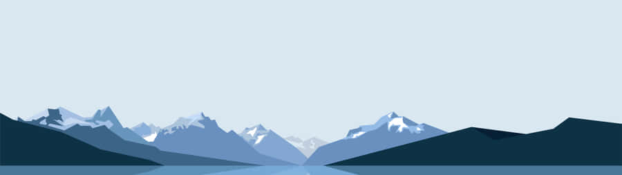 Minimalist Dual Monitor 桌布 壁紙 — 在蒼白天空下，平靜藍色水面倒映著積雪覆蓋的山脈的極簡向量景觀。