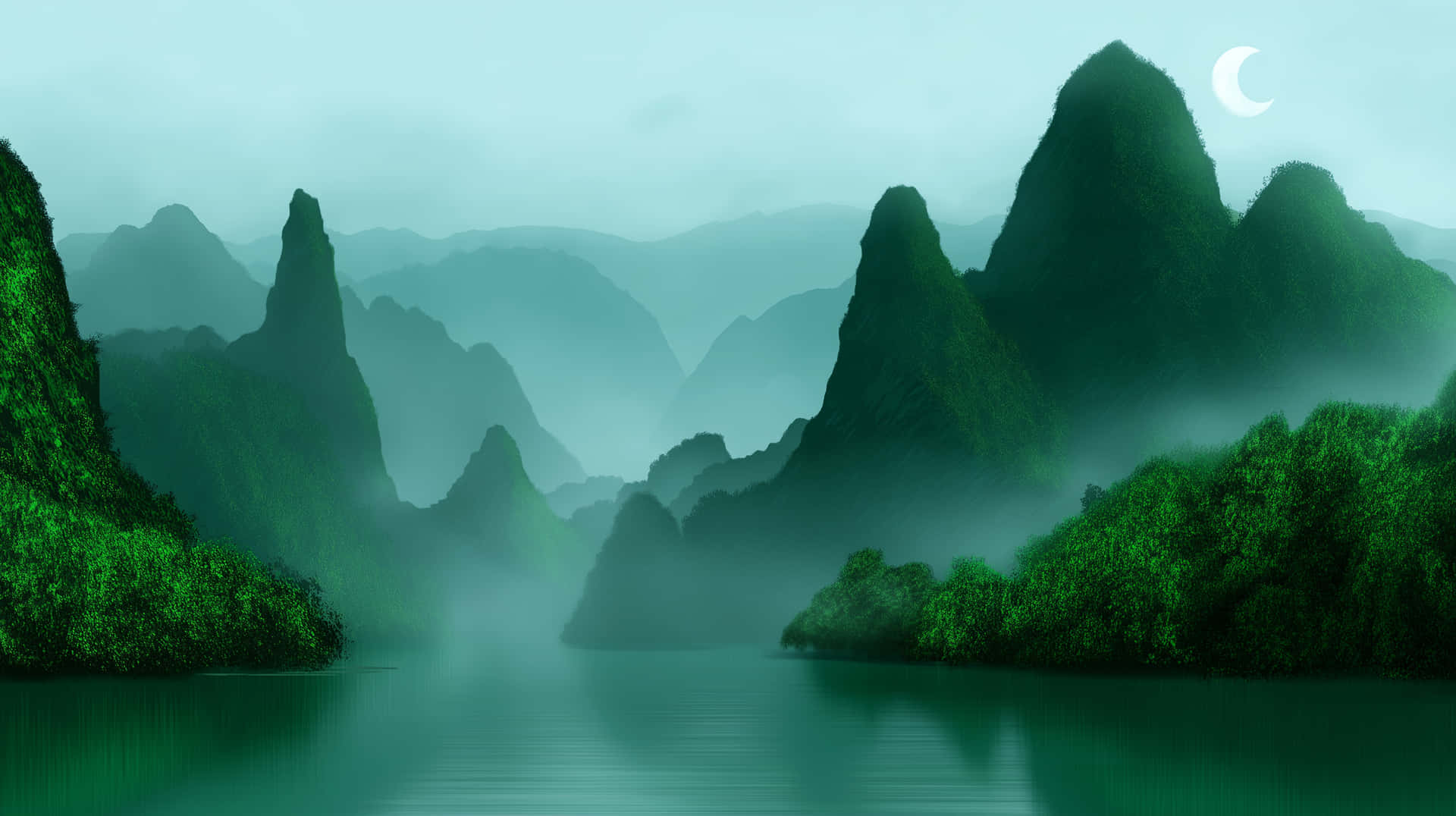Misty Green Mountains Reflected in Tranquil Waters 壁紙 — 在蒼白的天空下，一個寧靜的月光湖面映照著被薄霧籠罩的翠綠喀斯特山脈。