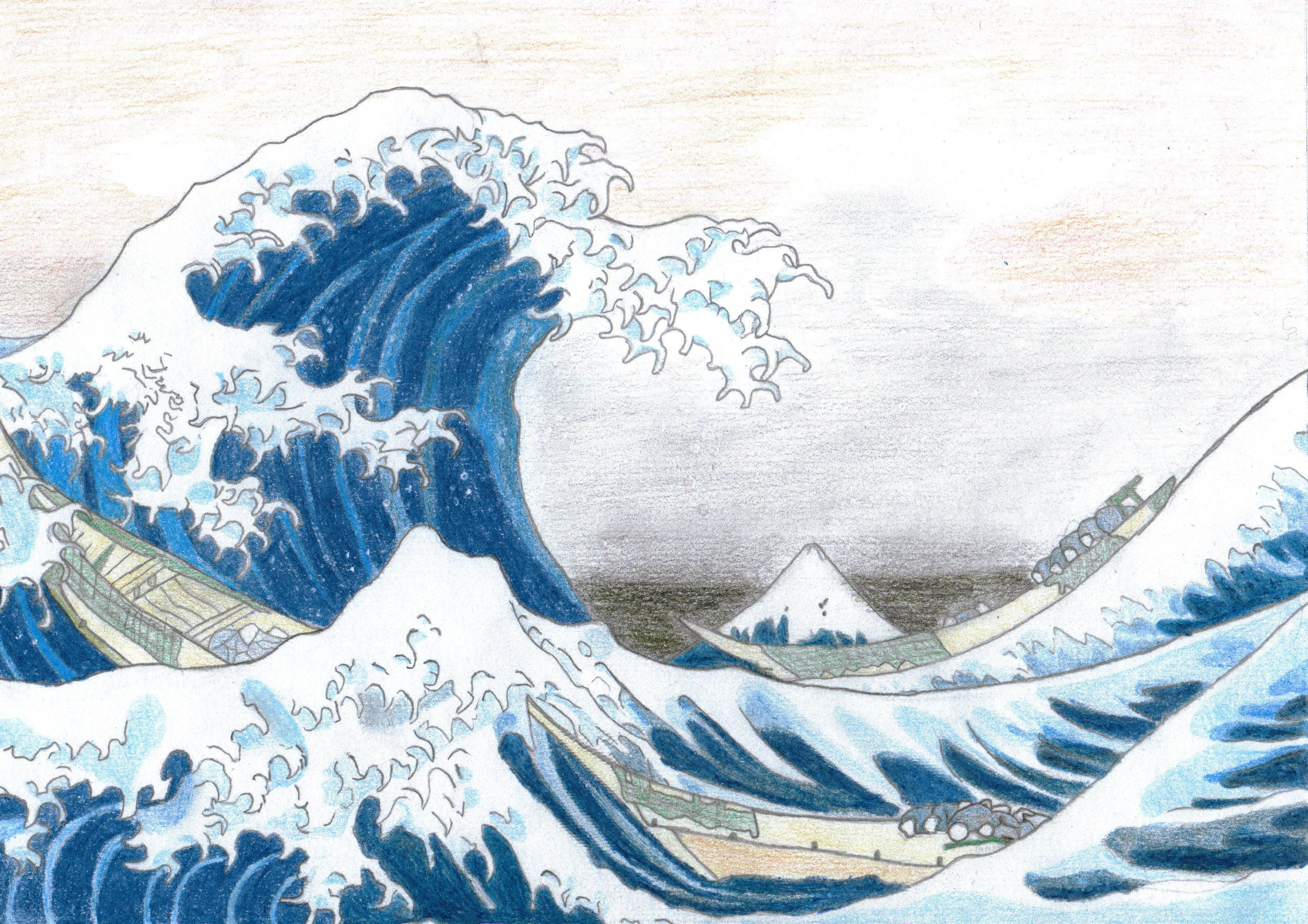 日式海浪 桌布 壁紙 — 在蒼白的天空下，一道戲劇性的藍色巨浪拍打著船隻，遠處是富士山。