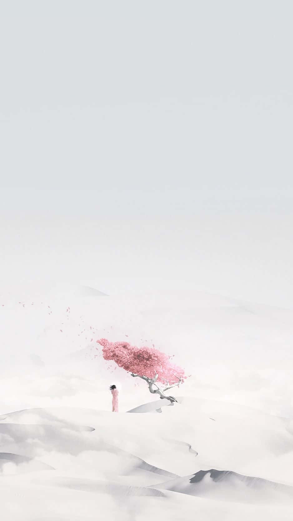 極簡 iPhone 桌布 壁紙 — 在蒼白的天空下，廣闊的雪景中，一個身穿粉紅色衣服的孤獨身影站在一棵盛開的櫻花樹下。