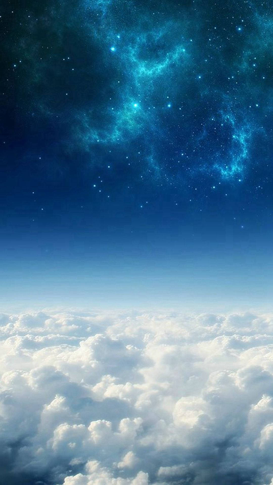 WhatsApp 聊天 桌布 壁紙 — 在蓬鬆的白雲之上，令人驚嘆的景色展現出充滿活力的藍色星雲和閃爍的星星在宇宙天空中。
