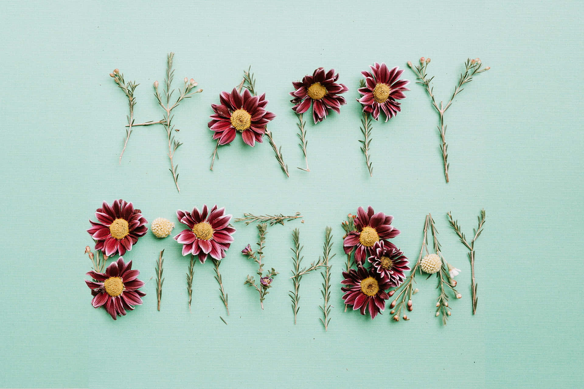 生日快樂 桌布 壁紙 — 在薄荷綠背景上，用乾花和綠植拼出「HAPPY BIRTHDAY」字樣。
