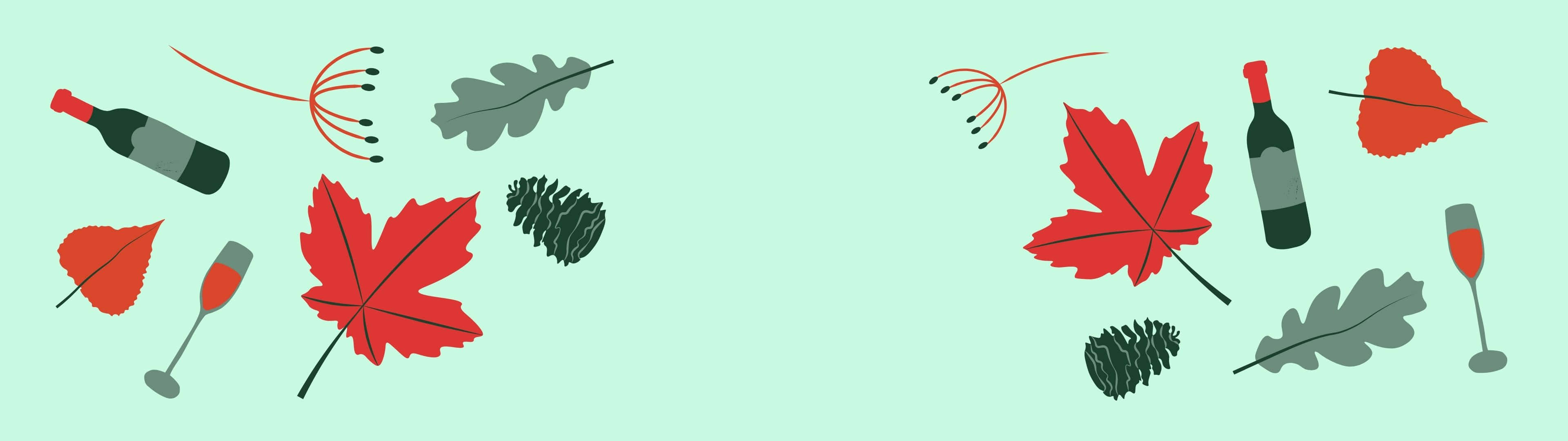 3840x1080 桌布 壁紙 — 在薄荷綠背景上散落著秋葉、松果、酒瓶和玻璃杯的平面向量插圖。