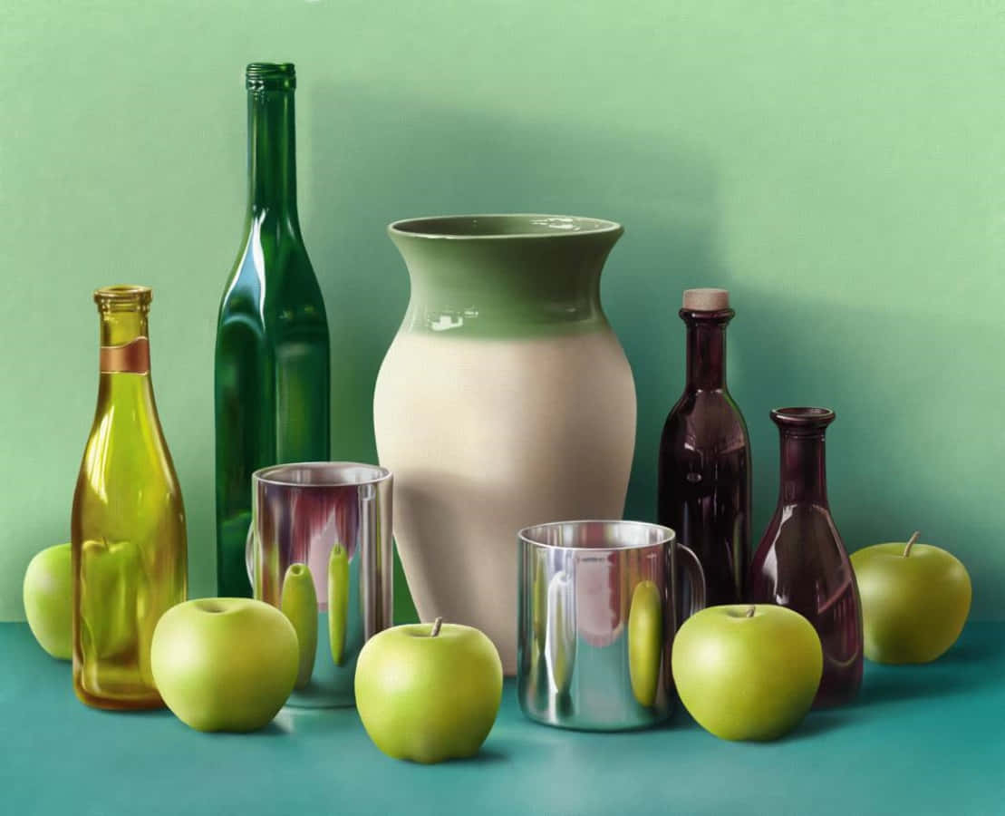 still life 桌布 壁紙 — 在薄荷綠色牆壁前，青色表面上擺放著青蘋果和玻璃瓶的靜物。